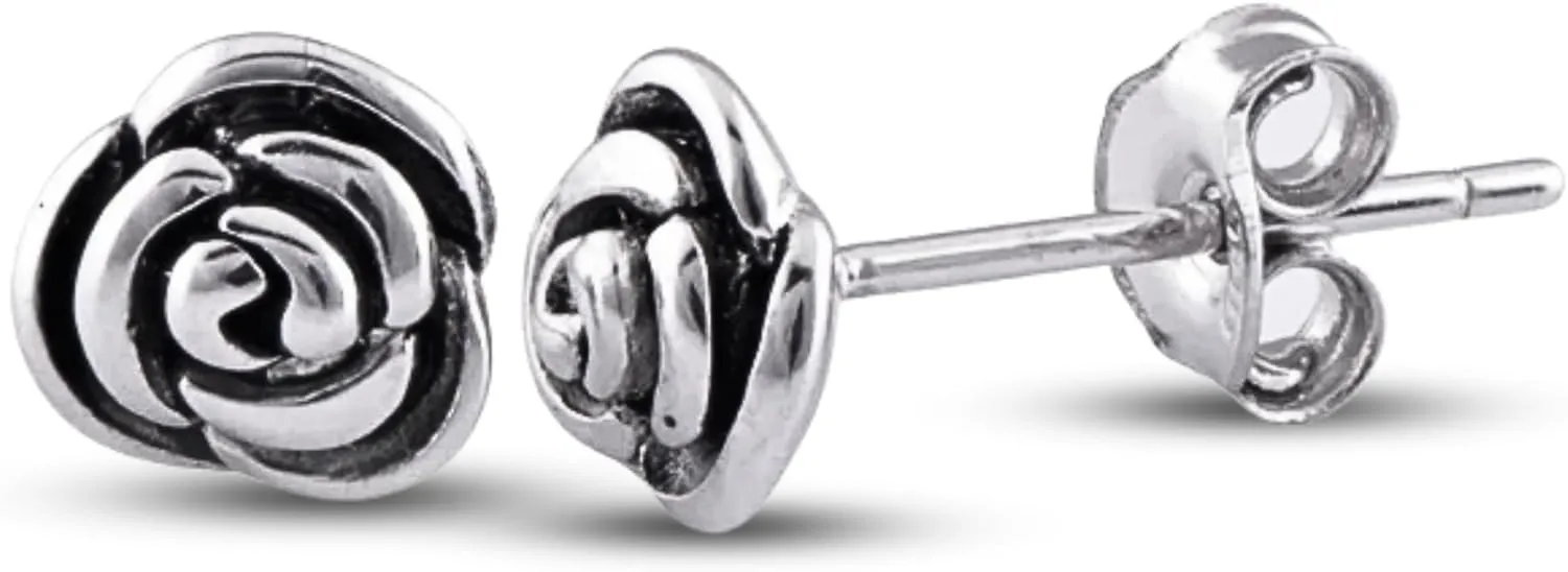 Sterling Silver Rose Flower Stud Earrings - 7mm