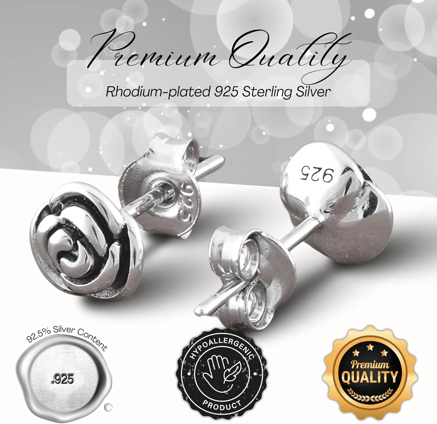 Sterling Silver Rose Flower Stud Earrings - 7mm