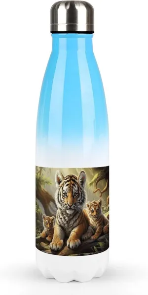 Stylish Gradient Stainless Steel Water Bottle, Jungle Tigers Cub Print Versatile Water Bottle for Hiking, Travel, Sports