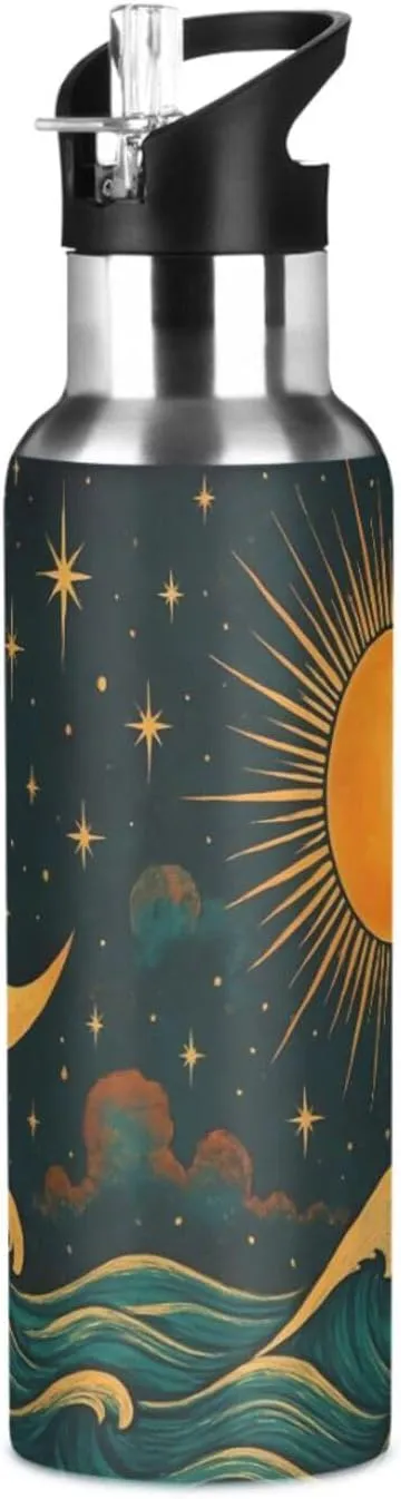 Sun and Moon Sports Water Bottle with Straw, 22oz BPA Free Stainless Steel Vacuum Insulated Bottle for Gym Fitness Outdoor