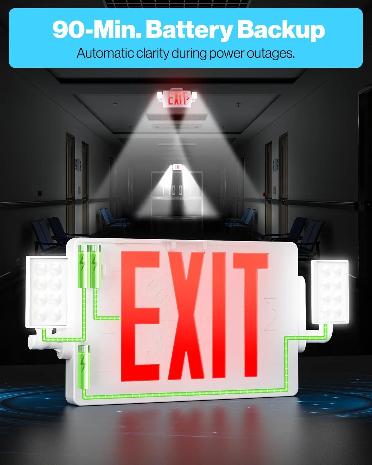 Sunco 6 Pack Exit Signs With Emergency Lights, Two Adjustable LED Lights With Backup Battery, Red, 94V-0 Fire Resistant, 120-277V, Wall Or Ceiling Mount, Commercial Grade Double Sided UL