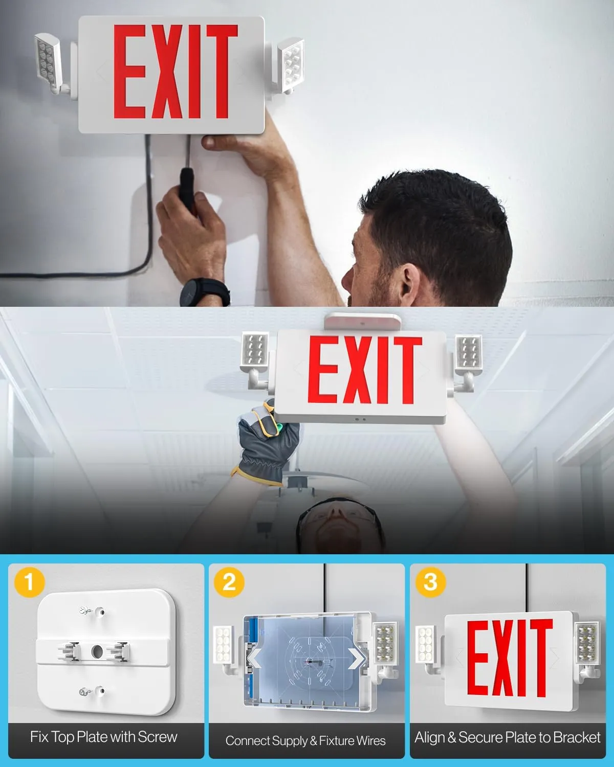 Sunco 6 Pack Exit Signs With Emergency Lights, Two Adjustable LED Lights With Backup Battery, Red, 94V-0 Fire Resistant, 120-277V, Wall Or Ceiling Mount, Commercial Grade Double Sided UL
