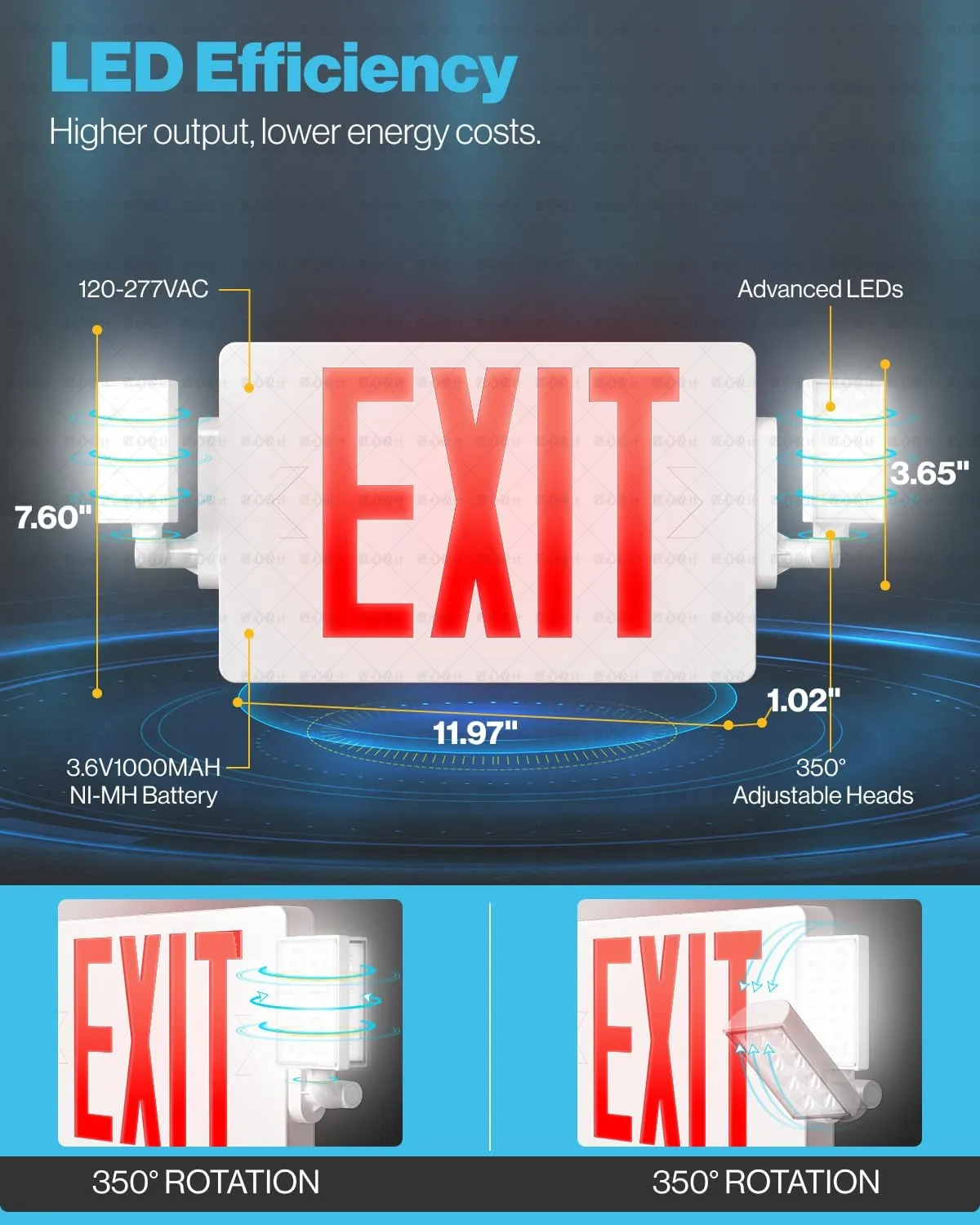 Sunco 6 Pack Exit Signs With Emergency Lights, Two Adjustable LED Lights With Backup Battery, Red, 94V-0 Fire Resistant, 120-277V, Wall Or Ceiling Mount, Commercial Grade Double Sided UL