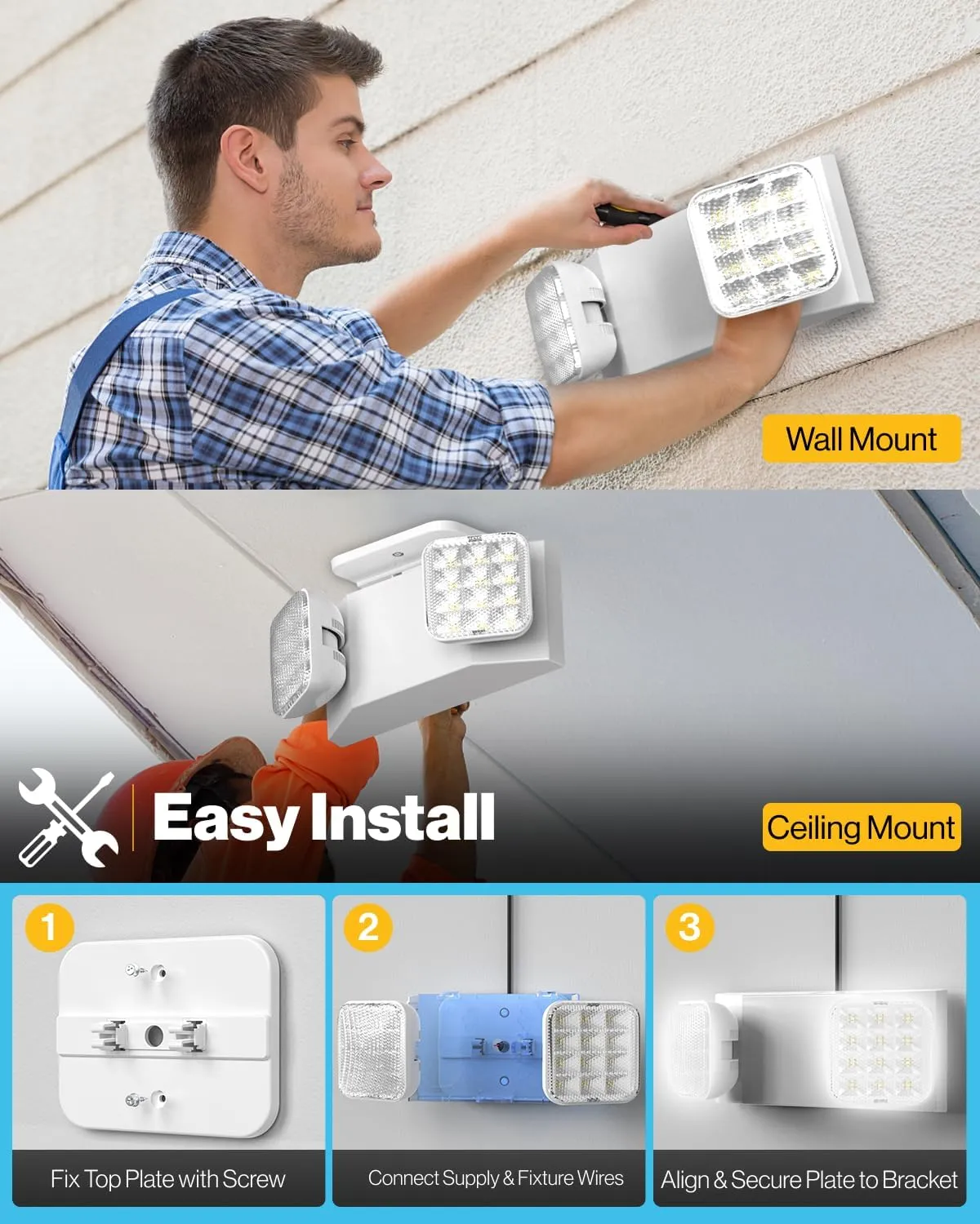 Sunco 6 Pack LED Emergency Lights, Commercial Lighting for Business, Power Outages, Offices, With Backup Battery (90 Minutes), Wall Mount, Hard Wired, 120-277V, Fire Resistant (94V-0) UL