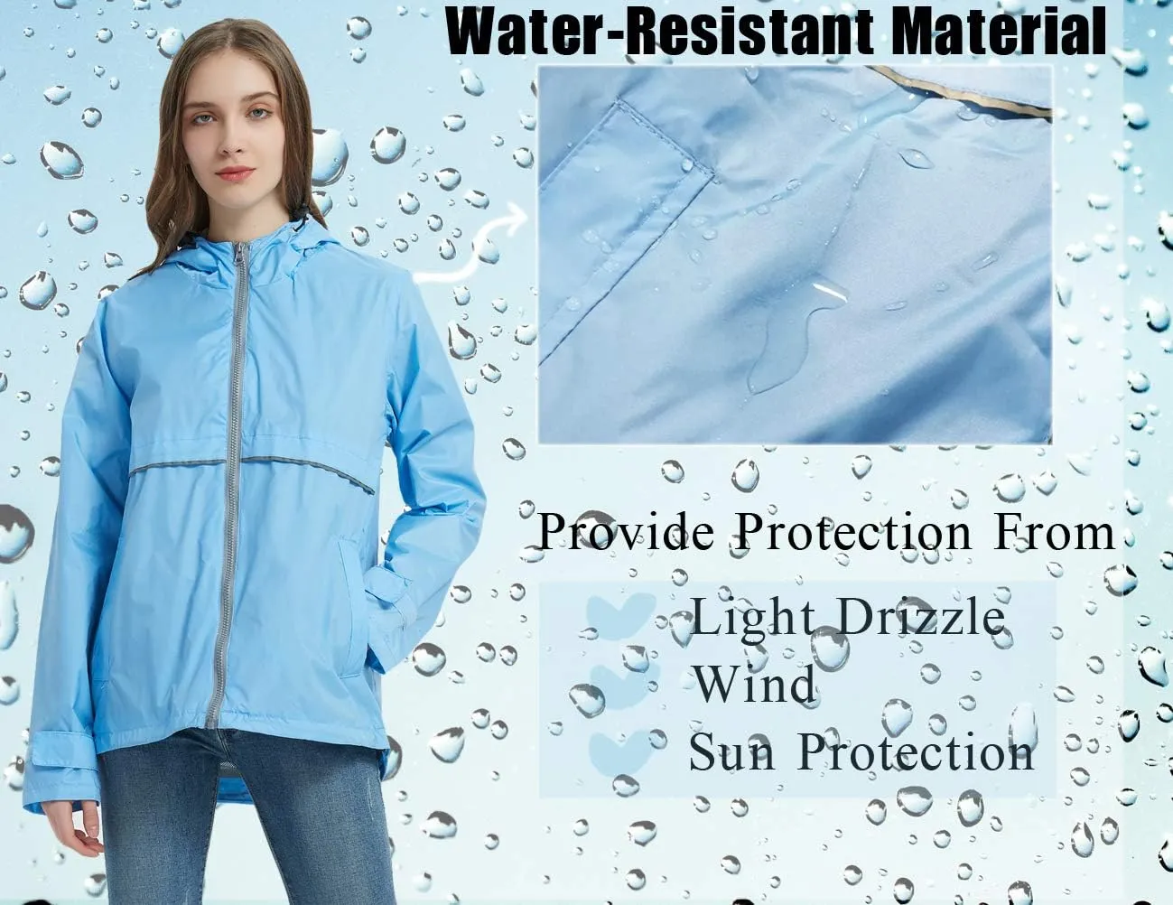 SUNDAY ROSE Women Rain Jacket Lightweight Waterproof Raincoat Hooded Windbreaker