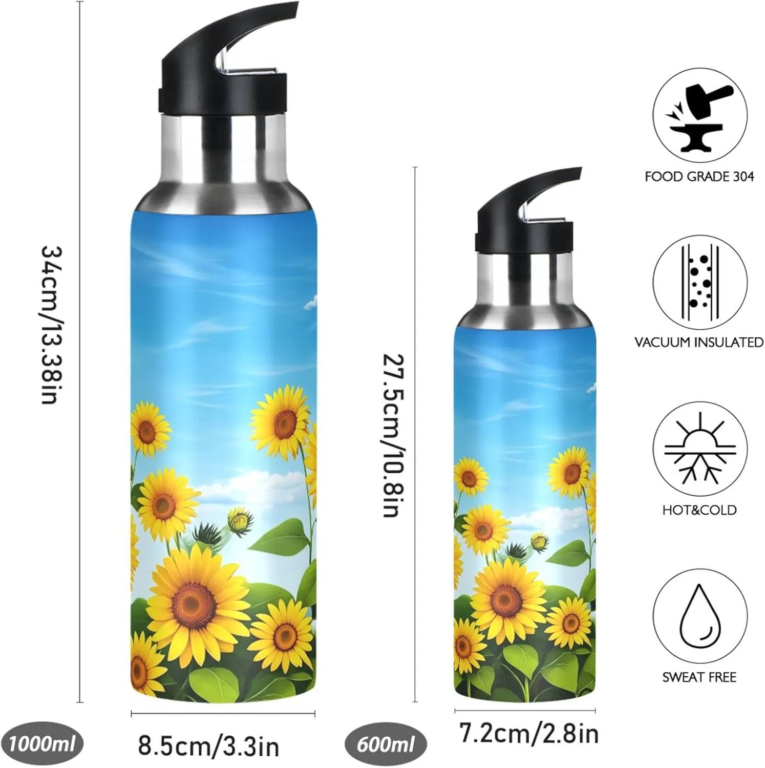 Sunflower Field Sports Water Bottle with Straw, 22oz BPA Free Stainless Steel Vacuum Insulated Bottle for Gym Fitness Outdoor
