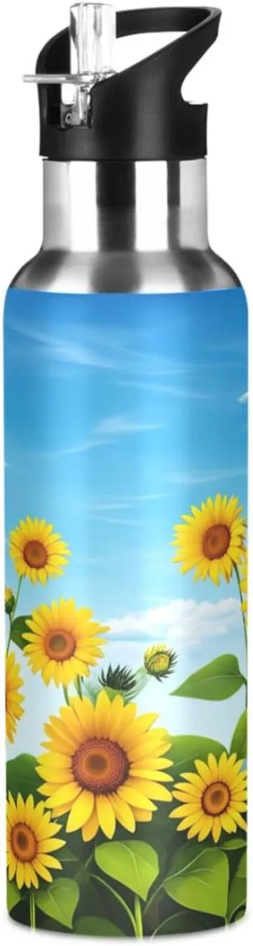 Sunflower Field Sports Water Bottle with Straw, 22oz BPA Free Stainless Steel Vacuum Insulated Bottle for Gym Fitness Outdoor