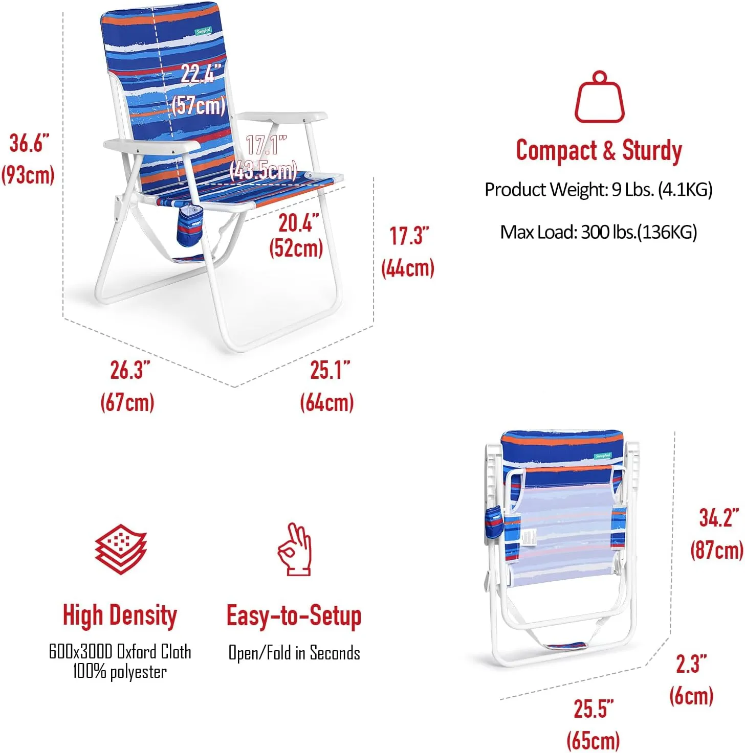 SunnyFeel 15" Tall Folding Beach Chair, Oversized Portable High Seat Sand Chair for Adults Heavy Duty 300 LBS, Foldable Camping Lawn Chairs for Camp/Outdoor/Travel/Picnic/Concert/Sports