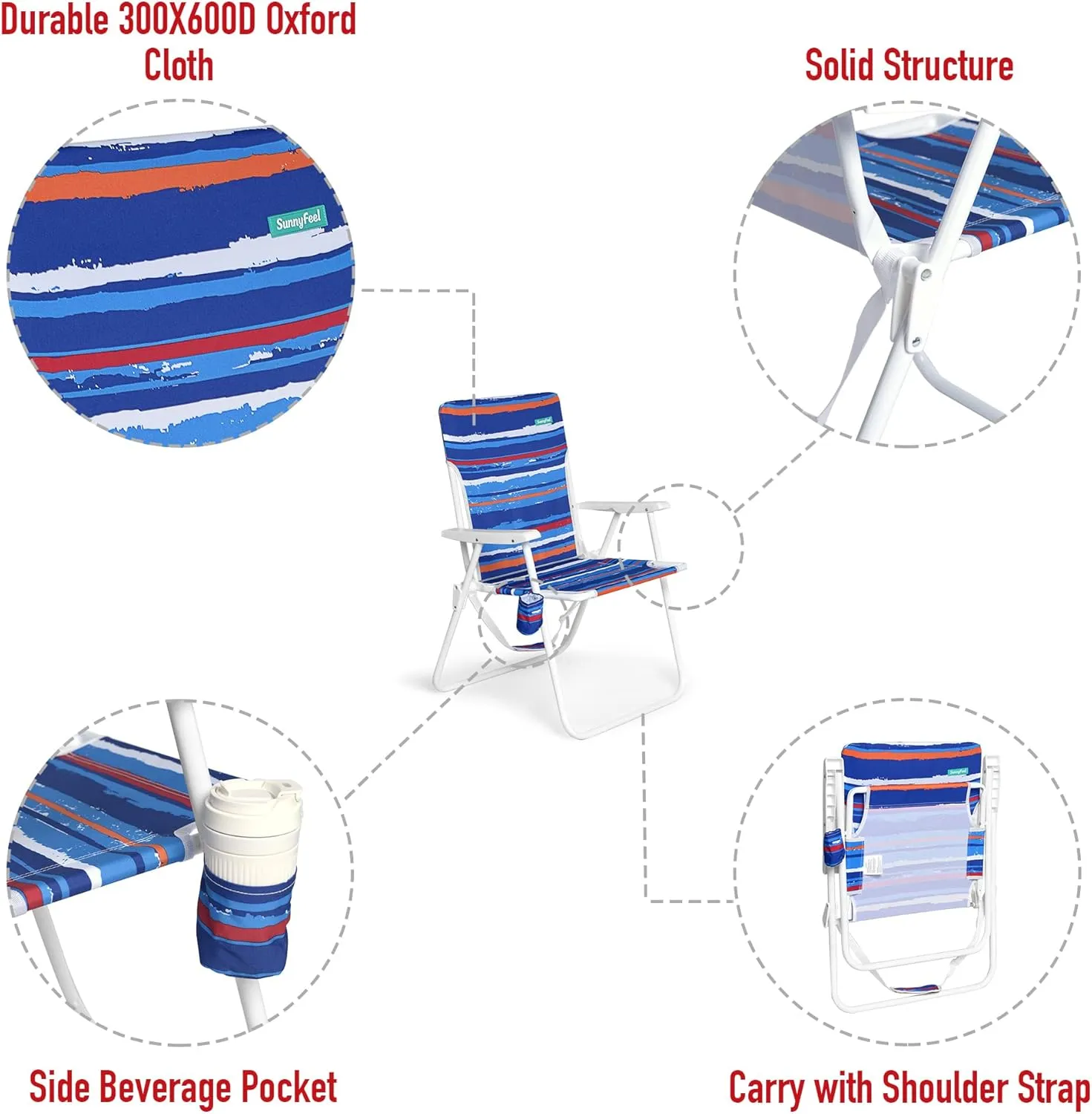 SunnyFeel 15" Tall Folding Beach Chair, Oversized Portable High Seat Sand Chair for Adults Heavy Duty 300 LBS, Foldable Camping Lawn Chairs for Camp/Outdoor/Travel/Picnic/Concert/Sports