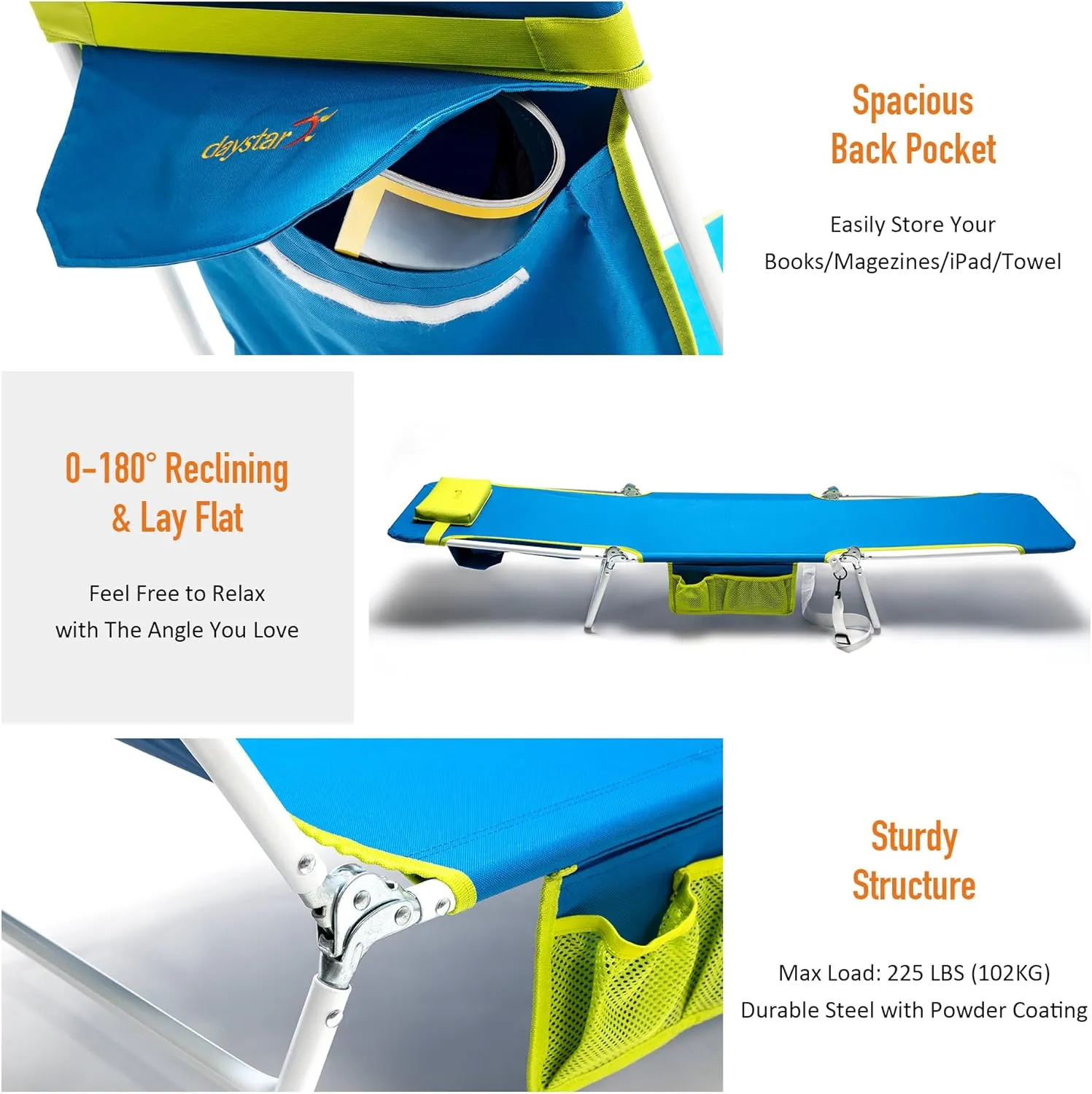 SunnyFeel Beach Lounge Chair 180-degree Reclining & Lay Flat, Portable Folding Camping Chairs with Padded Comfy Pillow for Camp/Lawn/Outdoor/Travel/Picnic, Beach Camping Cot