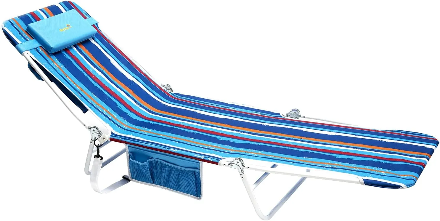 SunnyFeel Beach Lounge Chair, Reclining Beach Chairs, 180-degree & Lay Flat, Portable Folding Camping Chairs with Padded Comfy Pillow for Camp/Lawn/Outdoor/Travel/Picnic, Beach Camping Cot