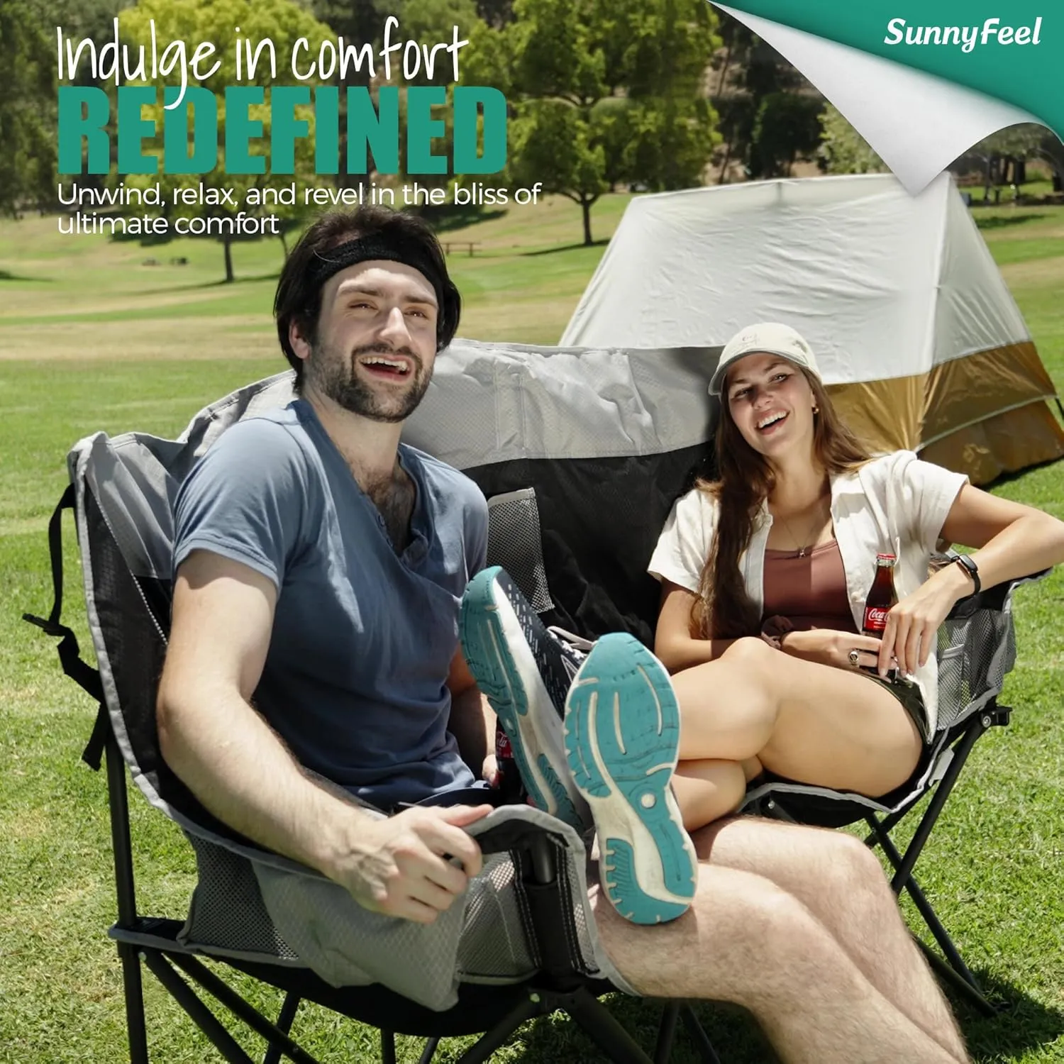 SunnyFeel Double Camping Loveseat Chair, Blue-Cooler, Foldable, Portable, Space Saving, Side Pocket, Cup Holders