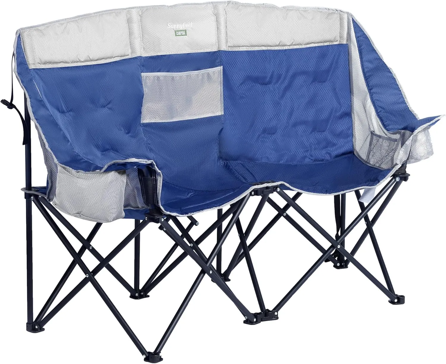 SunnyFeel Double Camping Loveseat Chair, Blue-Cooler, Foldable, Portable, Space Saving, Side Pocket, Cup Holders