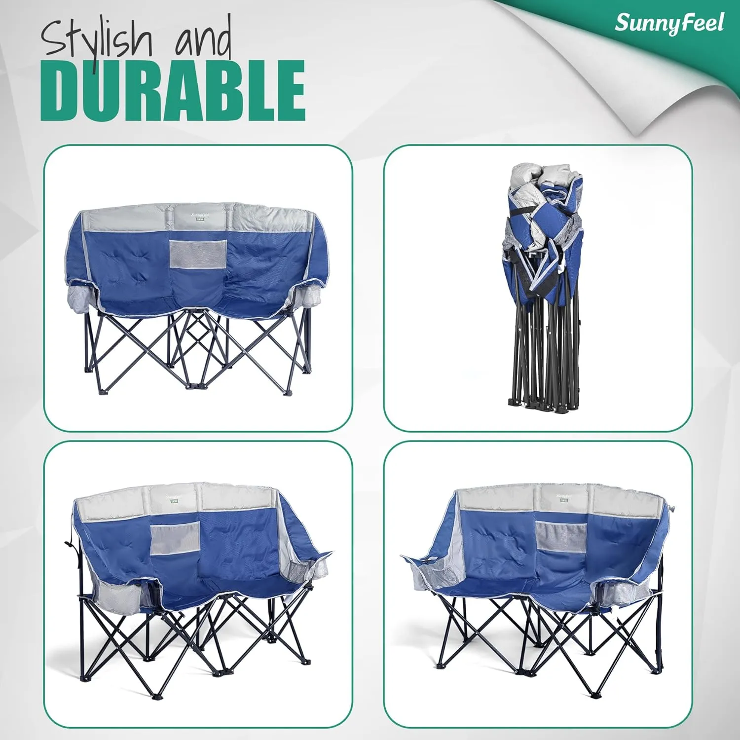 SunnyFeel Double Camping Loveseat Chair, Blue-Cooler, Foldable, Portable, Space Saving, Side Pocket, Cup Holders