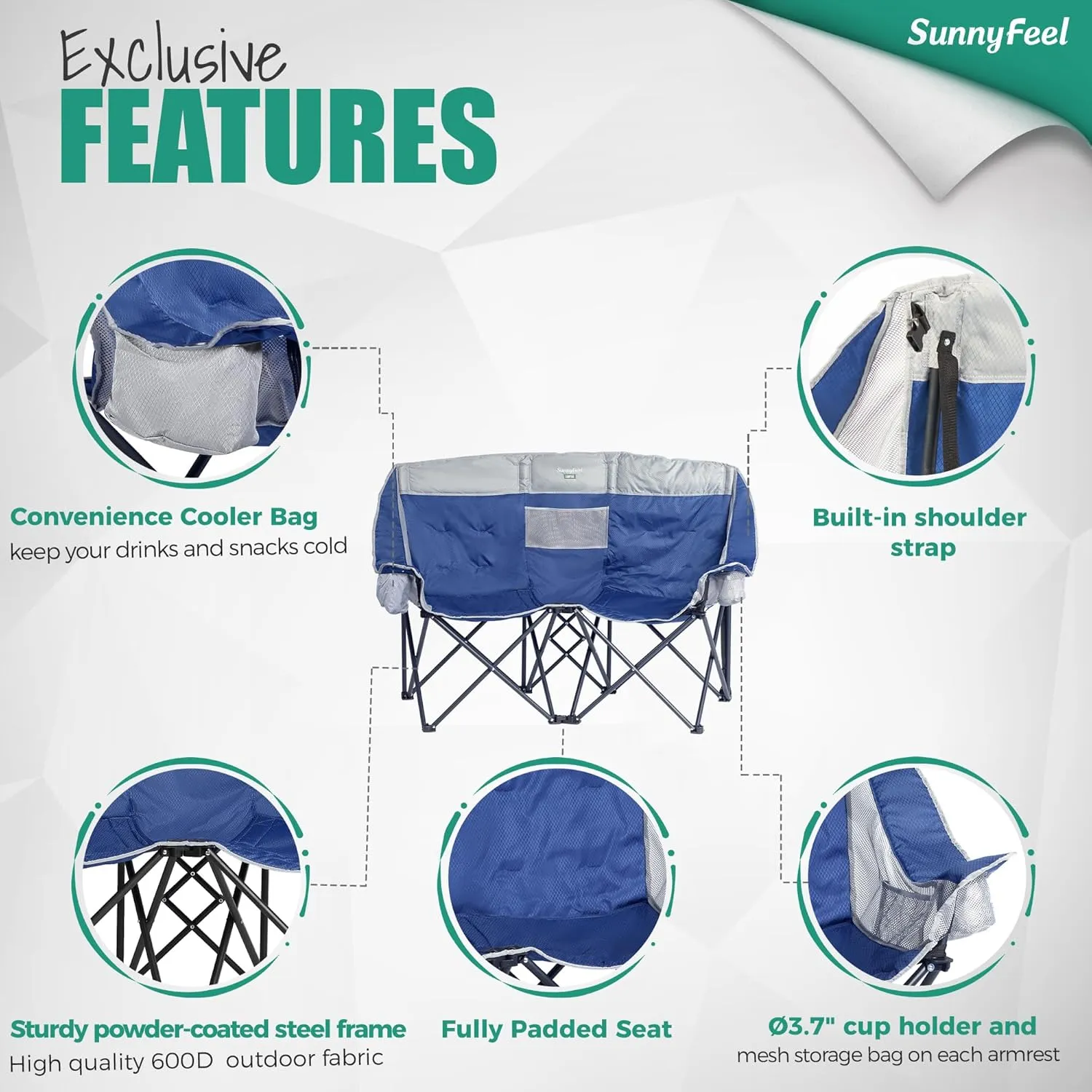 SunnyFeel Double Camping Loveseat Chair, Blue-Cooler, Foldable, Portable, Space Saving, Side Pocket, Cup Holders