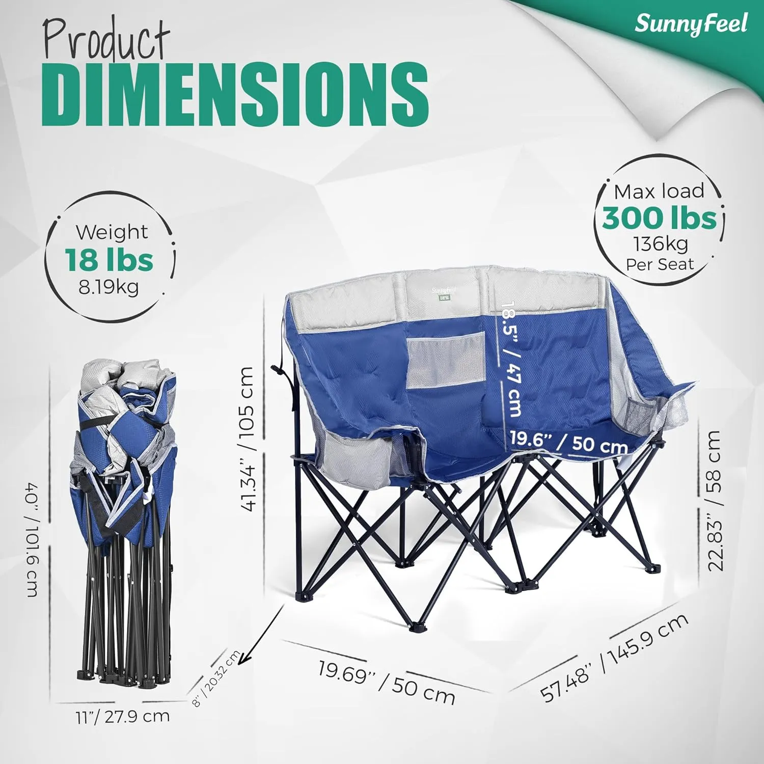 SunnyFeel Double Camping Loveseat Chair, Blue-Cooler, Foldable, Portable, Space Saving, Side Pocket, Cup Holders
