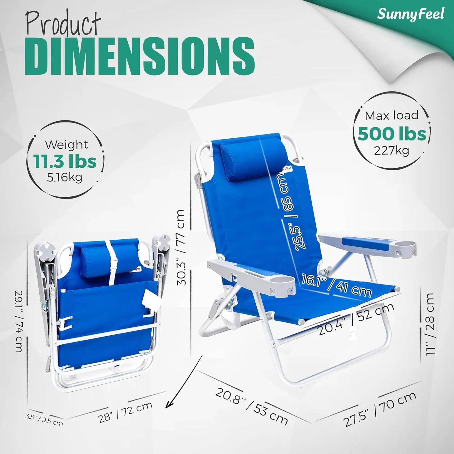 SUNNYFEEL Extra Wide 28" Low Beach Chair 2 Pack 5 Position Lay Flat, XL Oversized Portable Folding Camping Chairs with Cup Holder for Outdoor/Trip, Foldable Backpack Beach Chair for Adults