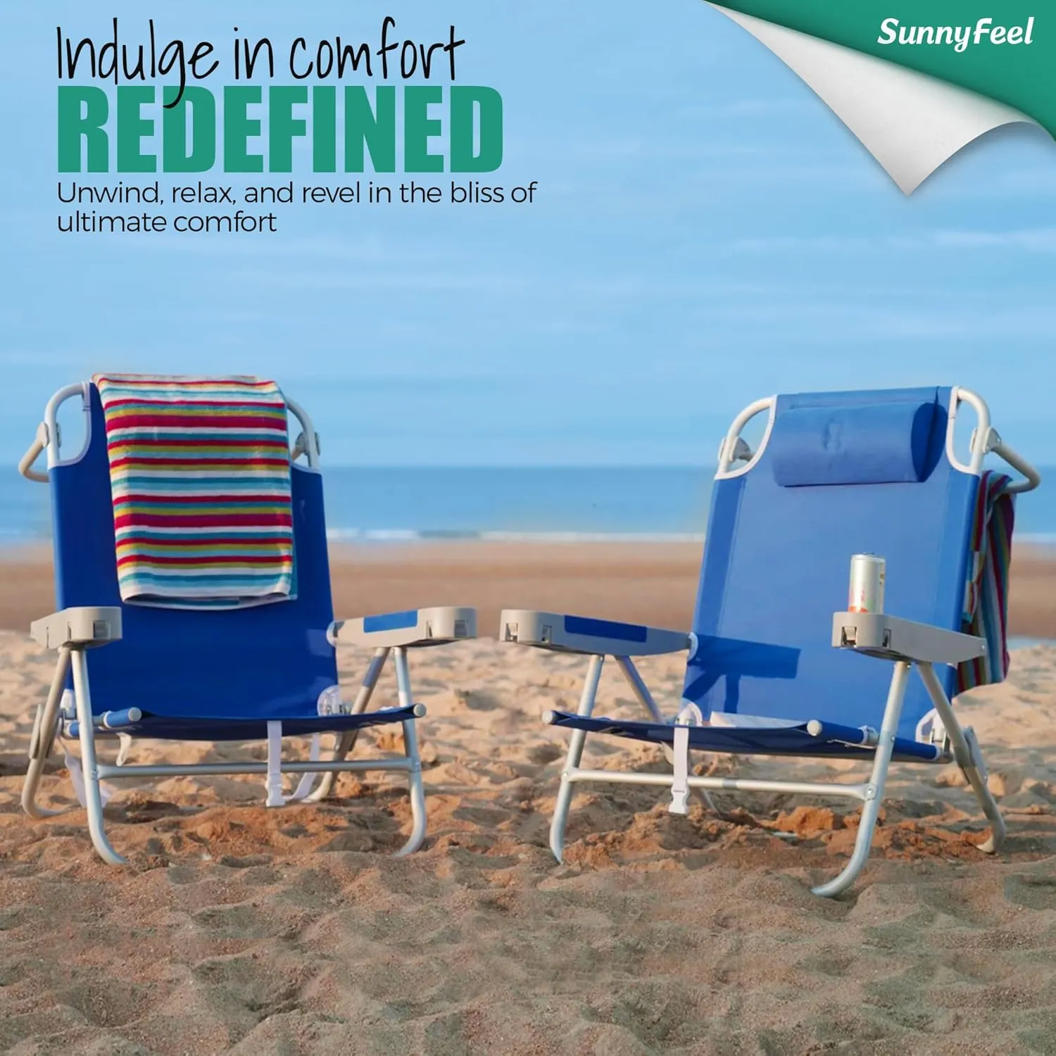 SUNNYFEEL Extra Wide 28" Low Beach Chair 2 Pack 5 Position Lay Flat, XL Oversized Portable Folding Camping Chairs with Cup Holder for Outdoor/Trip, Foldable Backpack Beach Chair for Adults