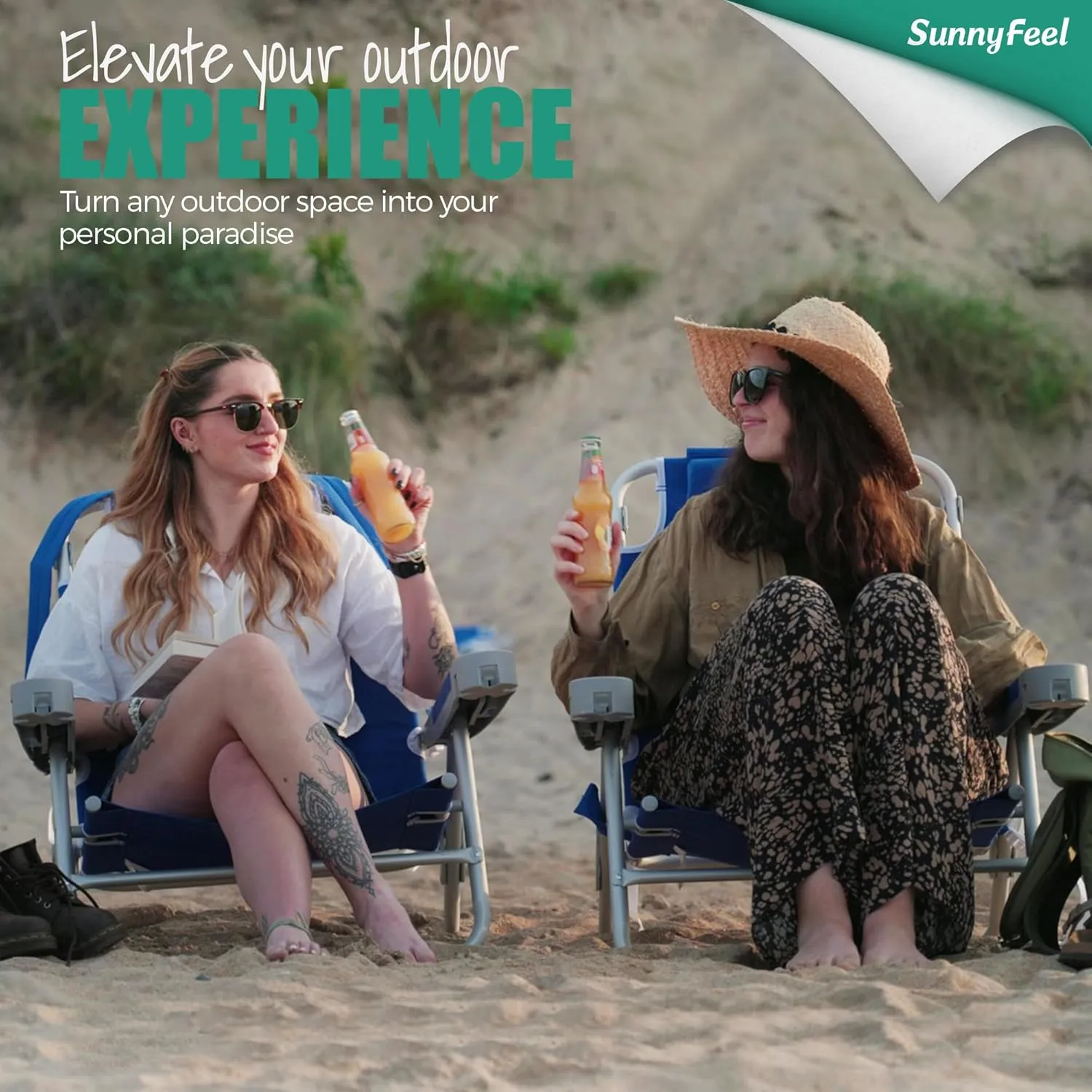 SUNNYFEEL Extra Wide 28" Low Beach Chair 2 Pack 5 Position Lay Flat, XL Oversized Portable Folding Camping Chairs with Cup Holder for Outdoor/Trip, Foldable Backpack Beach Chair for Adults