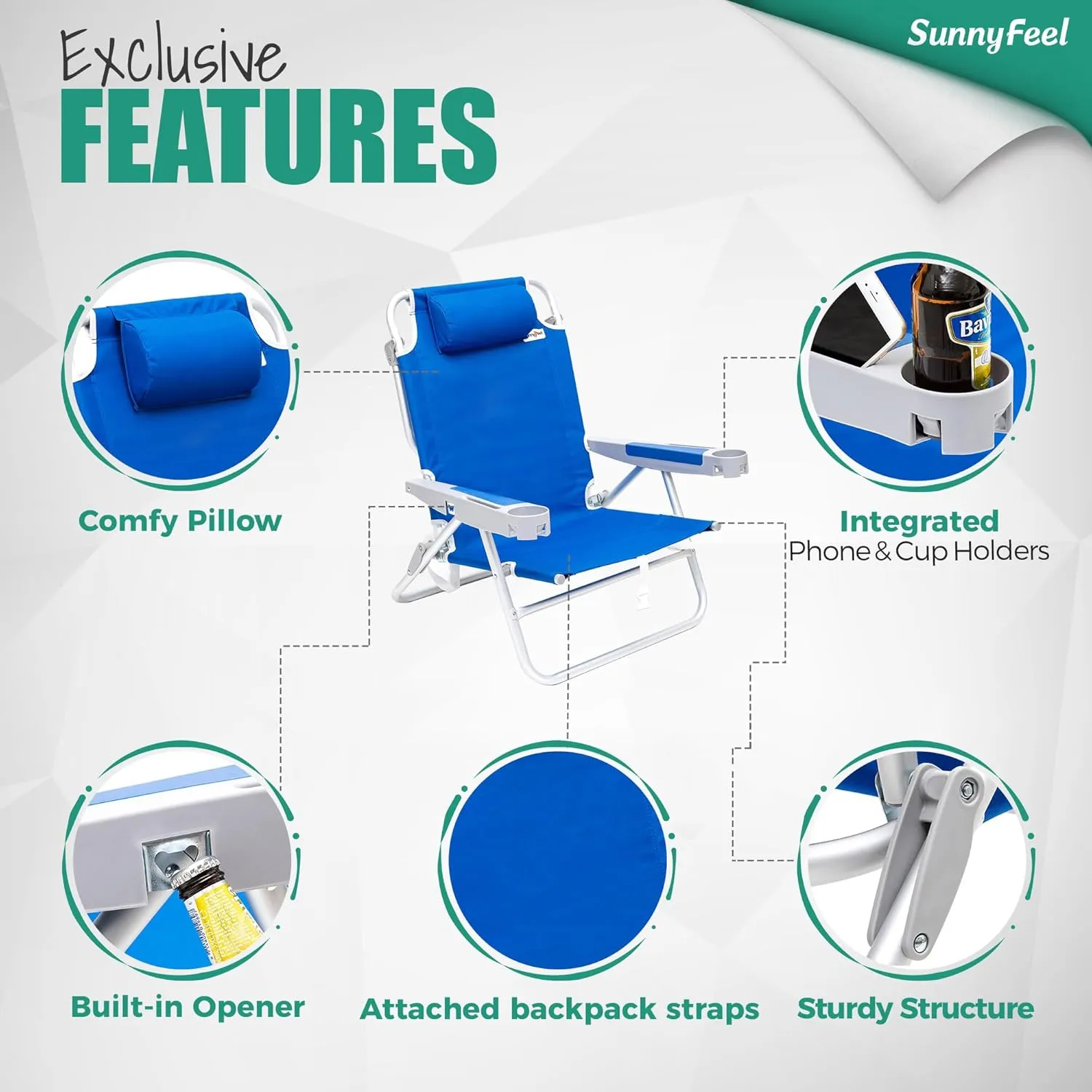 SUNNYFEEL Extra Wide 28" Low Beach Chair 2 Pack 5 Position Lay Flat, XL Oversized Portable Folding Camping Chairs with Cup Holder for Outdoor/Trip, Foldable Backpack Beach Chair for Adults