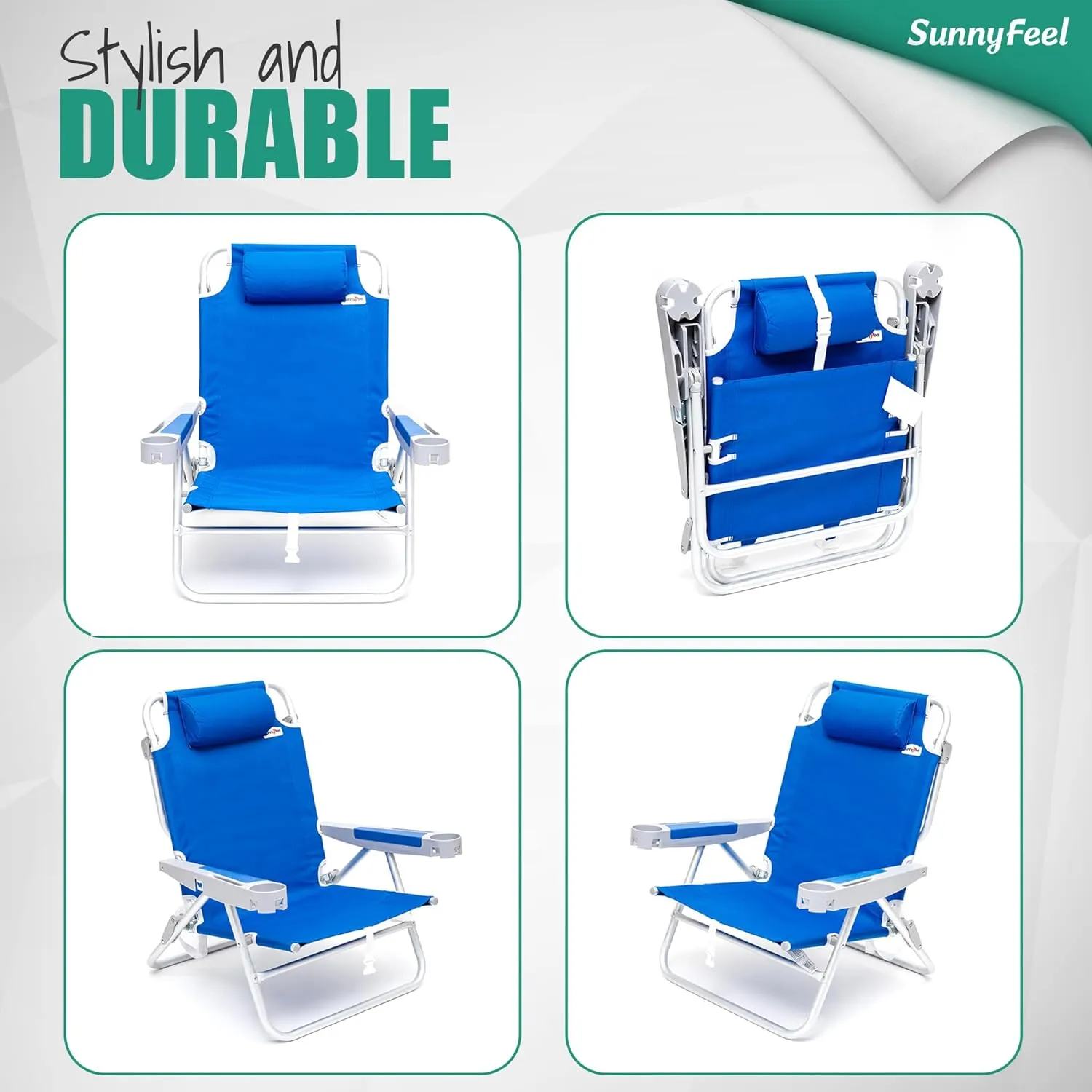 SUNNYFEEL Extra Wide 28" Low Beach Chair 2 Pack 5 Position Lay Flat, XL Oversized Portable Folding Camping Chairs with Cup Holder for Outdoor/Trip, Foldable Backpack Beach Chair for Adults