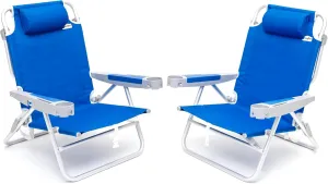 SUNNYFEEL Extra Wide 28" Low Beach Chair 2 Pack 5 Position Lay Flat, XL Oversized Portable Folding Camping Chairs with Cup Holder for Outdoor/Trip, Foldable Backpack Beach Chair for Adults