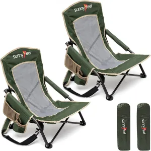 SUNNYFEEL Folding Low Camping Beach Chair 2 Pack, Lightweight Portable Lawn Chair with Mesh Back, Cup Holder for Outdoor/Travel/Picnic/Concert, Foldable Camp Backpack Chair with Carry Bag
