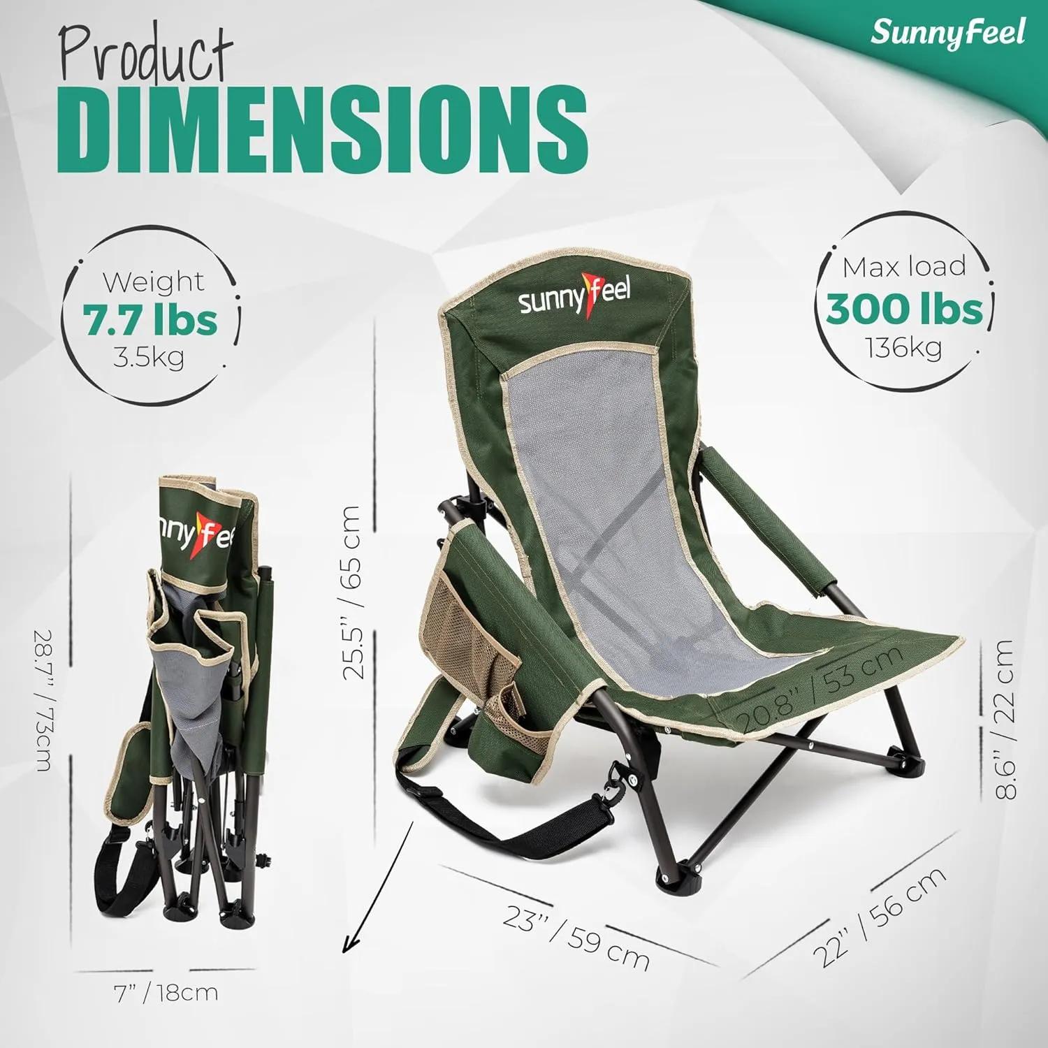 SUNNYFEEL Folding Low Camping Beach Chair 2 Pack, Lightweight Portable Lawn Chair with Mesh Back, Cup Holder for Outdoor/Travel/Picnic/Concert, Foldable Camp Backpack Chair with Carry Bag