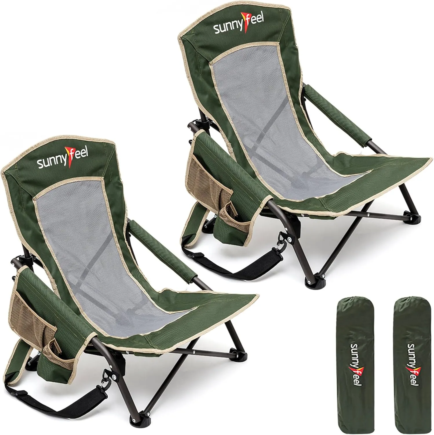 SUNNYFEEL Folding Low Camping Beach Chair 2 Pack, Lightweight Portable Lawn Chair with Mesh Back, Cup Holder for Outdoor/Travel/Picnic/Concert, Foldable Camp Backpack Chair with Carry Bag