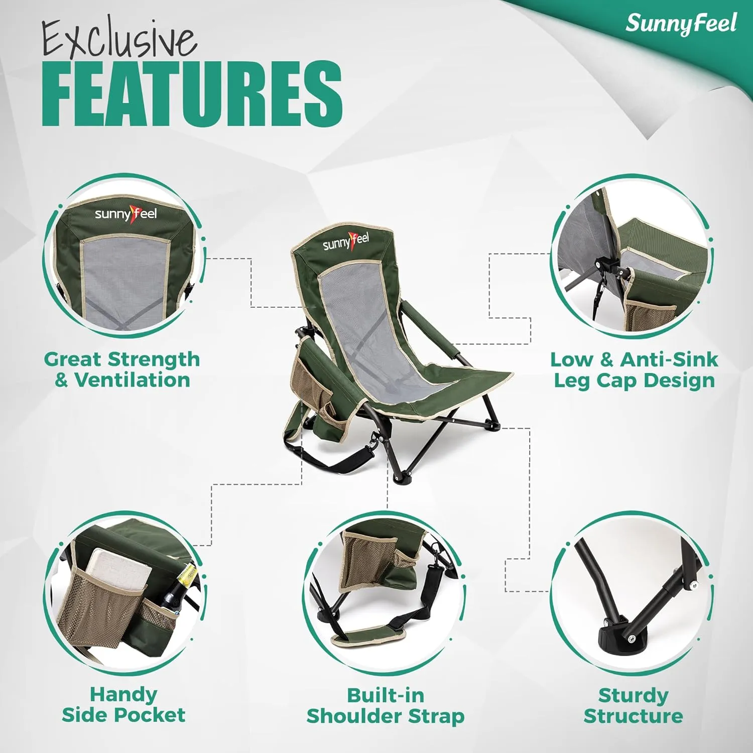 SUNNYFEEL Folding Low Camping Beach Chair 2 Pack, Lightweight Portable Lawn Chair with Mesh Back, Cup Holder for Outdoor/Travel/Picnic/Concert, Foldable Camp Backpack Chair with Carry Bag