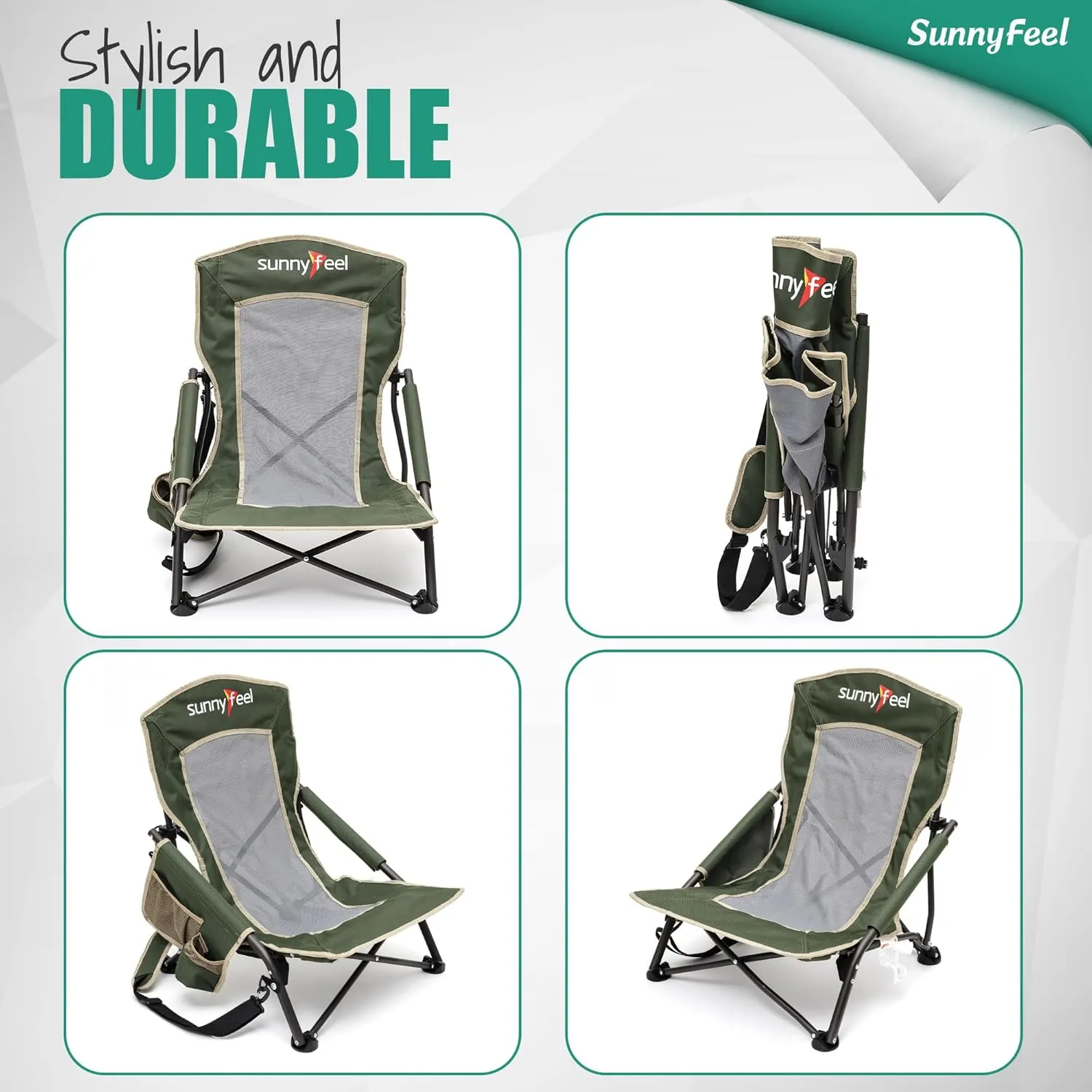 SUNNYFEEL Folding Low Camping Beach Chair 2 Pack, Lightweight Portable Lawn Chair with Mesh Back, Cup Holder for Outdoor/Travel/Picnic/Concert, Foldable Camp Backpack Chair with Carry Bag