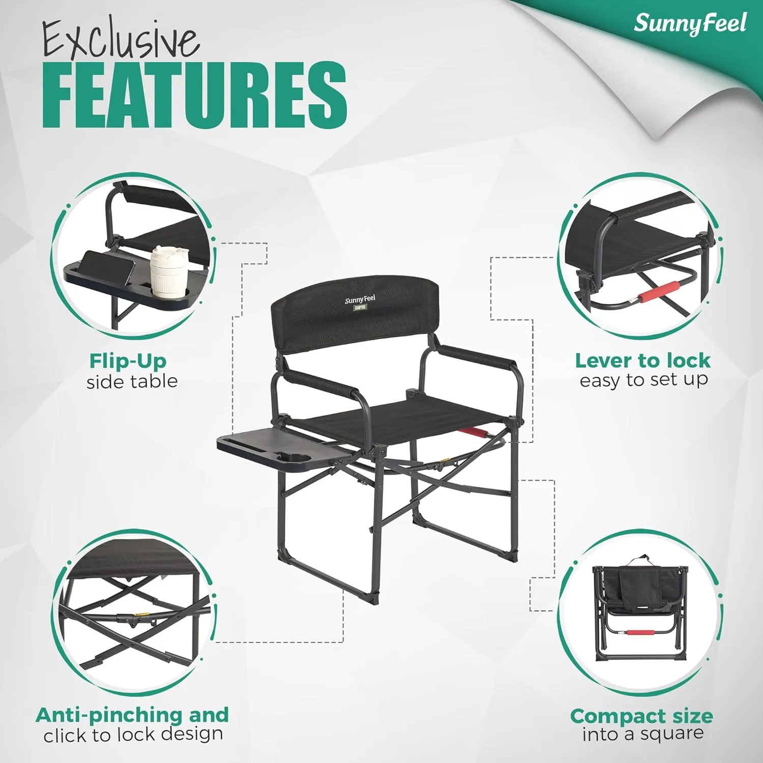 SUNNYFEEL Oversized Camping Directors Chair 2 Pack, Portable Folding Lawn Chairs for Adults Heavy Duty with Side Table,Pocket for Beach, Fishing,Picnic,Concert Outdoor, Foldable Camp Chairs