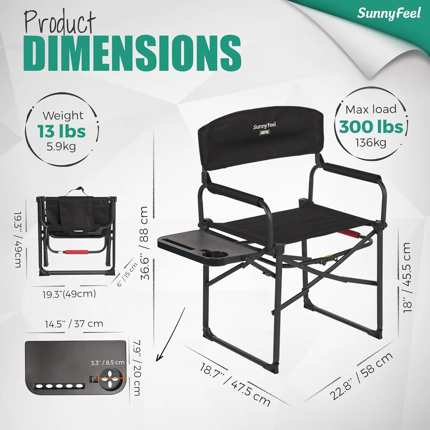 SUNNYFEEL Oversized Camping Directors Chair 2 Pack, Portable Folding Lawn Chairs for Adults Heavy Duty with Side Table,Pocket for Beach, Fishing,Picnic,Concert Outdoor, Foldable Camp Chairs