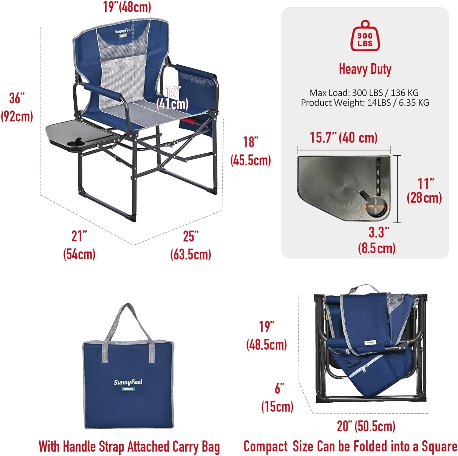 SUNNYFEEL Oversized Camping Directors Chair for Adults Heavy Duty 2 Pack, Portable Compact Folding Camp Lawn Chairs with Side Table for Fishing/Outdoor/Picnic/Concert,Foldable Makeup Artist Chair