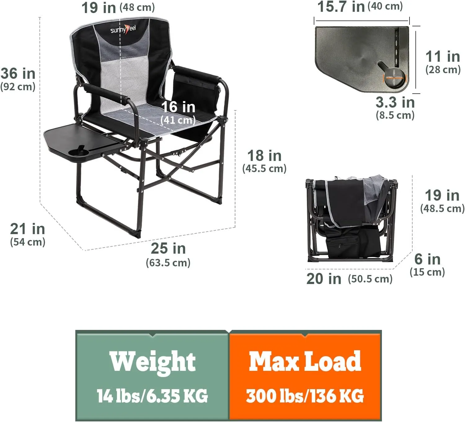 SUNNYFEEL Oversized Camping Directors Chair for Adults Heavy Duty 2 Pack, Portable Compact Folding Camp Lawn Chairs with Side Table for Fishing/Outdoor/Picnic/Concert,Foldable Makeup Artist Chair