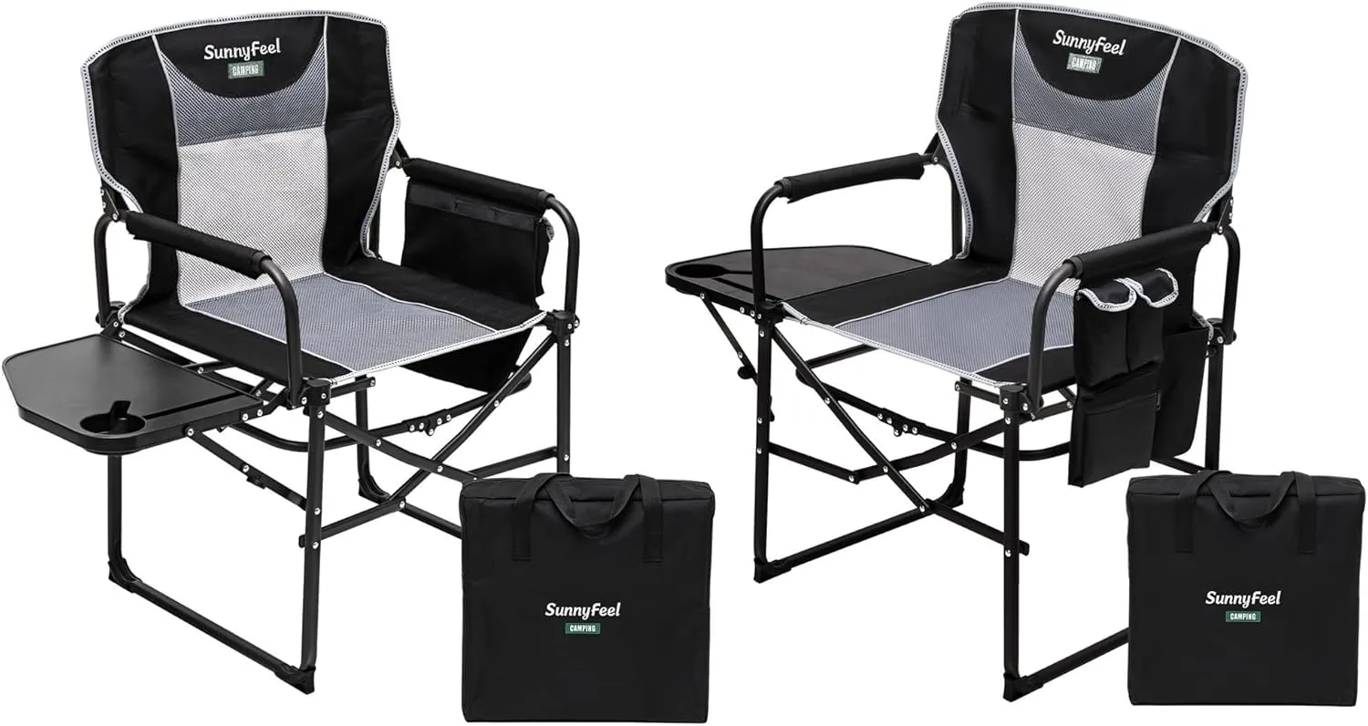 SUNNYFEEL Oversized Camping Directors Chair for Adults Heavy Duty 2 Pack, Portable Compact Folding Camp Lawn Chairs with Side Table for Fishing/Outdoor/Picnic/Concert,Foldable Makeup Artist Chair