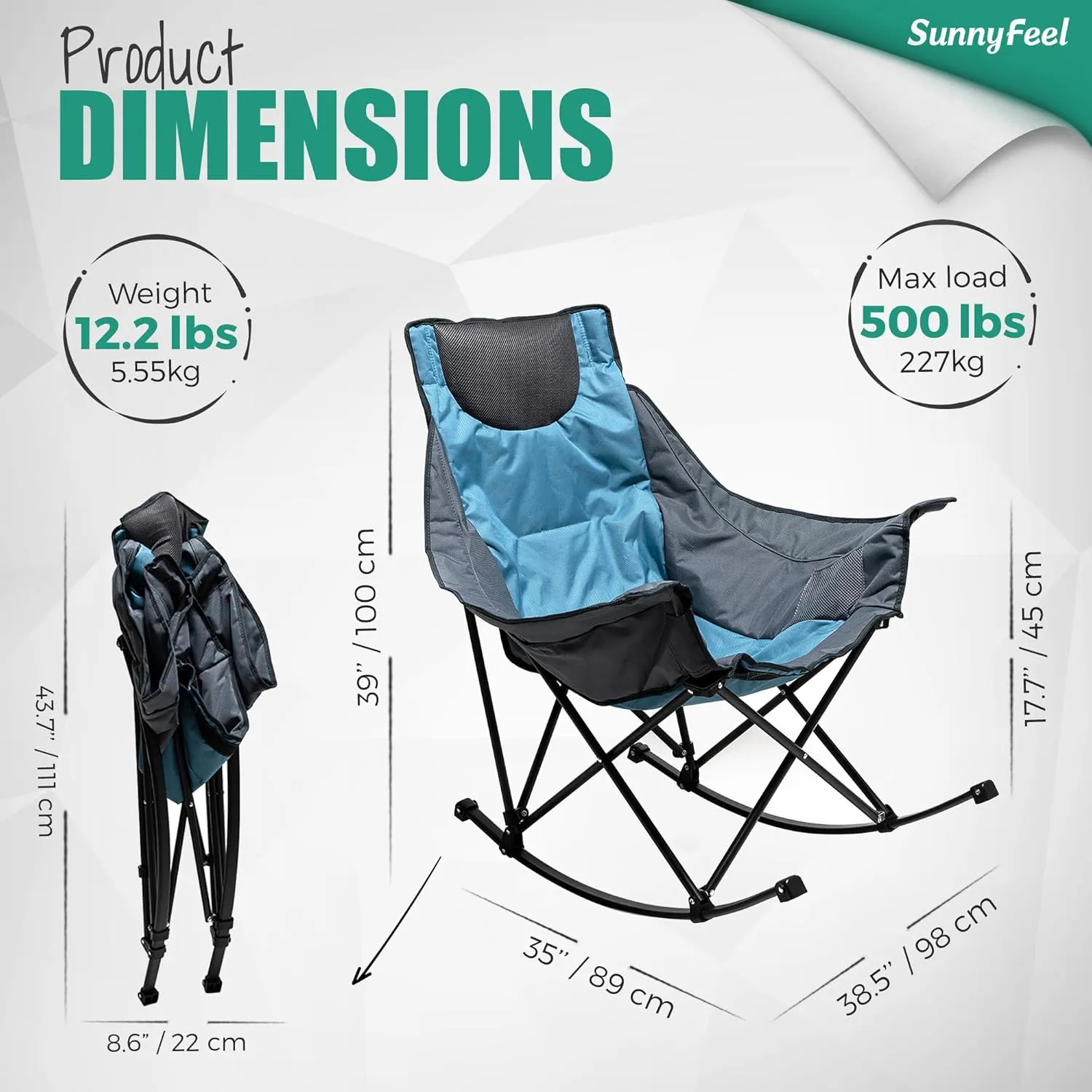 SUNNYFEEL Oversized Rocking Camping Chair, Fully Padded Patio Chair with Side Pocket, High Back Portable Lawn Recliner with Headrest, Outdoor Camp Rocker Chairs for Adults Heavy Duty 500 LBS