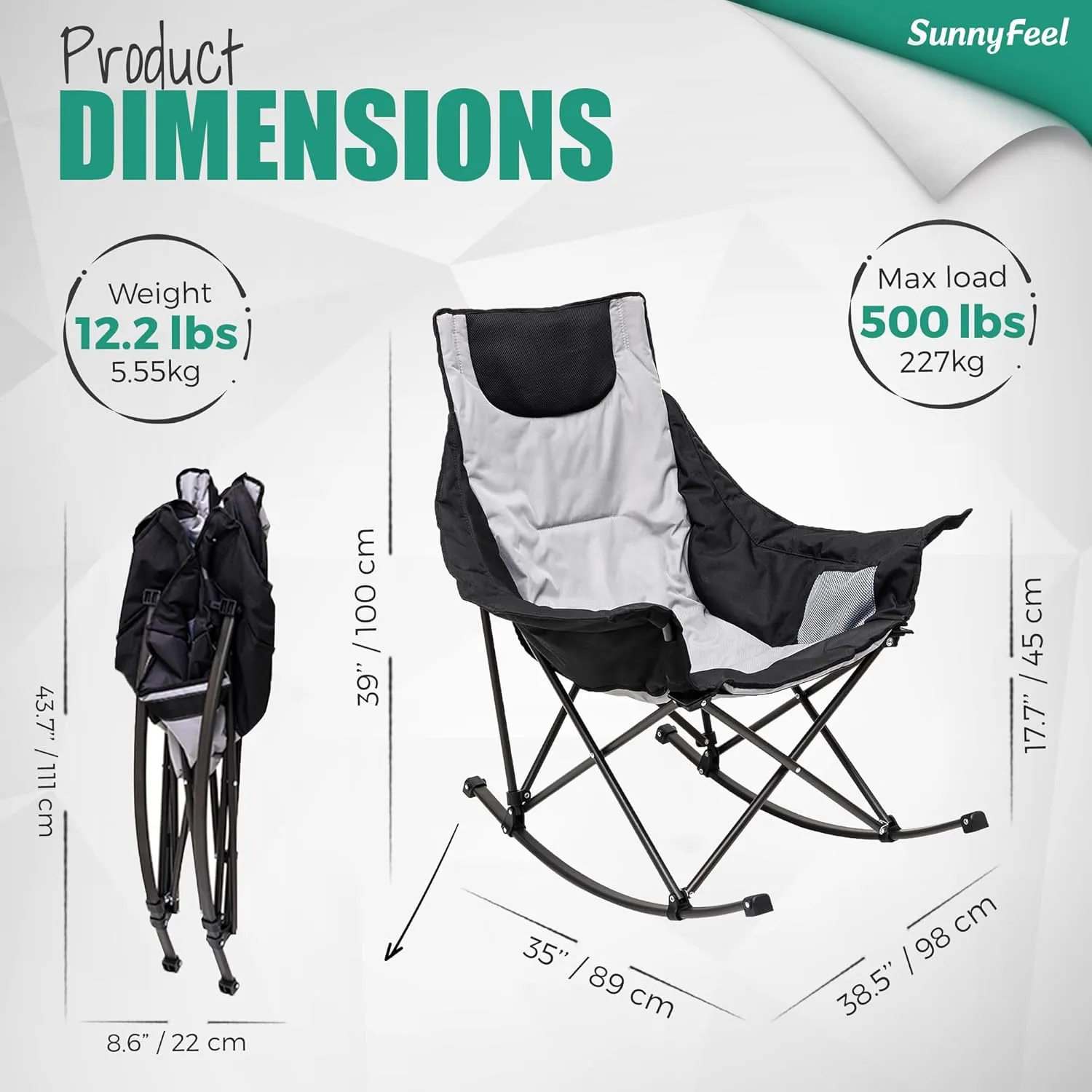 SUNNYFEEL Oversized Rocking Camping Chair, Fully Padded Patio Chair with Side Pocket, High Back Portable Lawn Recliner with Headrest, Outdoor Camp Rocker Chairs for Adults Heavy Duty 500 LBS