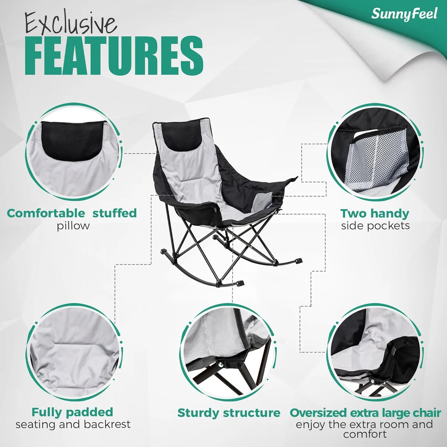 SUNNYFEEL Oversized Rocking Camping Chair, Fully Padded Patio Chair with Side Pocket, High Back Portable Lawn Recliner with Headrest, Outdoor Camp Rocker Chairs for Adults Heavy Duty 500 LBS