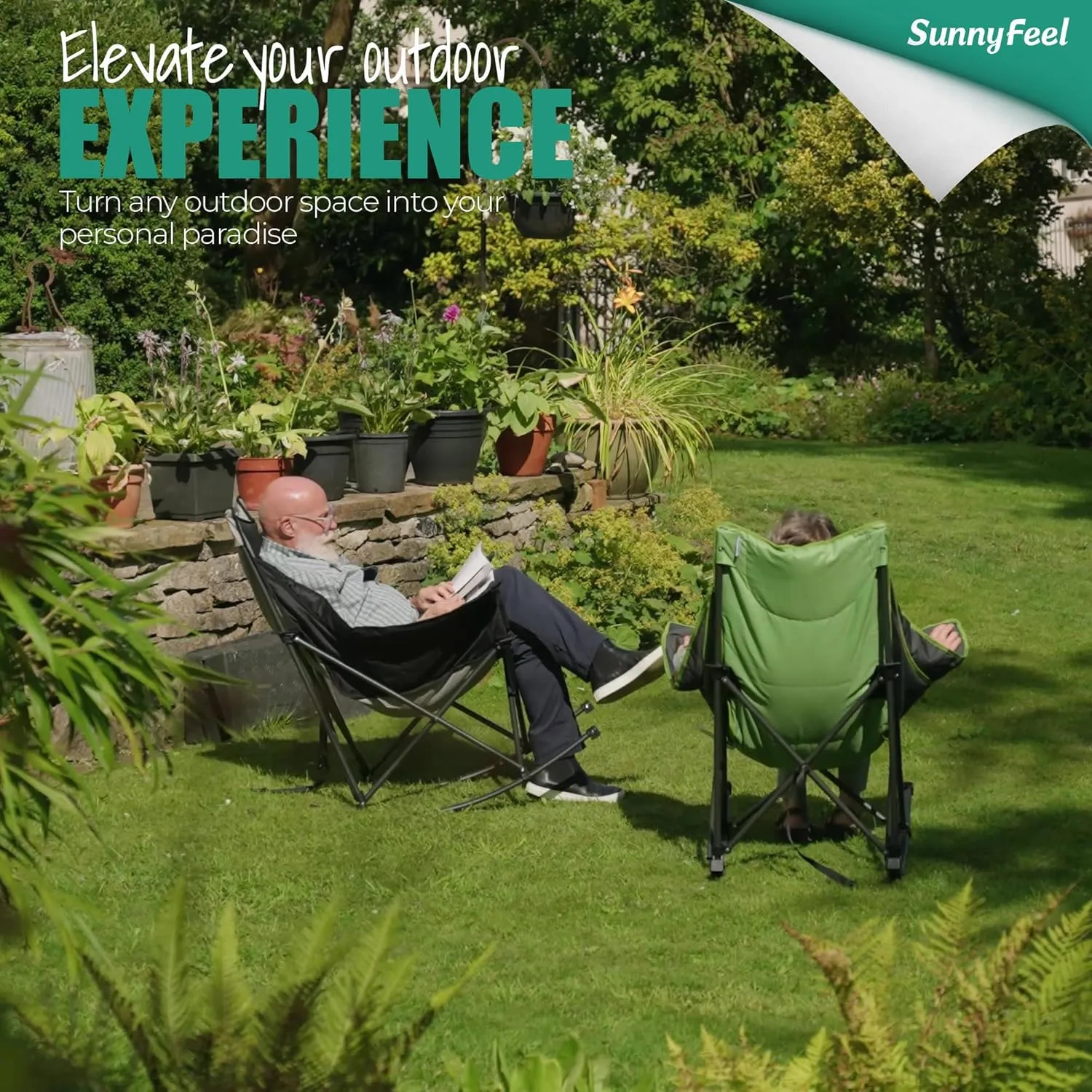 SUNNYFEEL Oversized Rocking Camping Chair, Fully Padded Patio Chair with Side Pocket, High Back Portable Lawn Recliner with Headrest, Outdoor Camp Rocker Chairs for Adults Heavy Duty 500 LBS