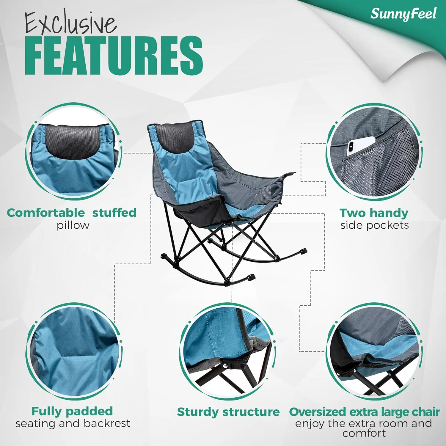 SUNNYFEEL Oversized Rocking Camping Chair, Fully Padded Patio Chair with Side Pocket, High Back Portable Lawn Recliner with Headrest, Outdoor Camp Rocker Chairs for Adults Heavy Duty 500 LBS