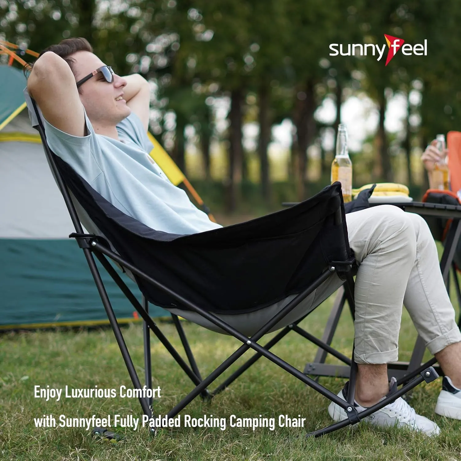 SUNNYFEEL Oversized Rocking Camping Chair, Fully Padded Patio Chair with Side Pocket, High Back Portable Lawn Recliner with Headrest, Outdoor Camp Rocker Chairs for Adults Heavy Duty 500 LBS