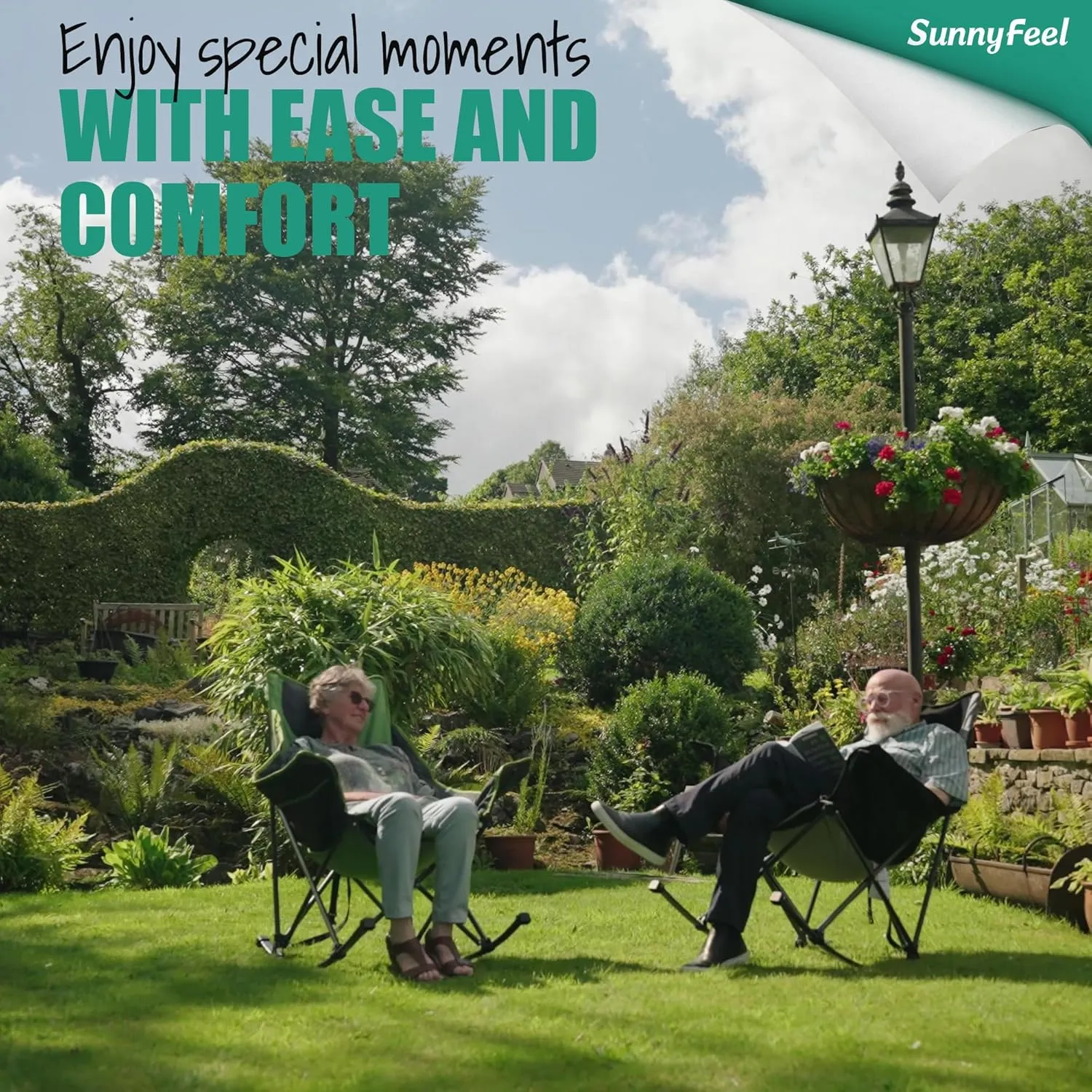 SUNNYFEEL Oversized Rocking Camping Chair, Fully Padded Patio Chair with Side Pocket, High Back Portable Lawn Recliner with Headrest, Outdoor Camp Rocker Chairs for Adults Heavy Duty 500 LBS