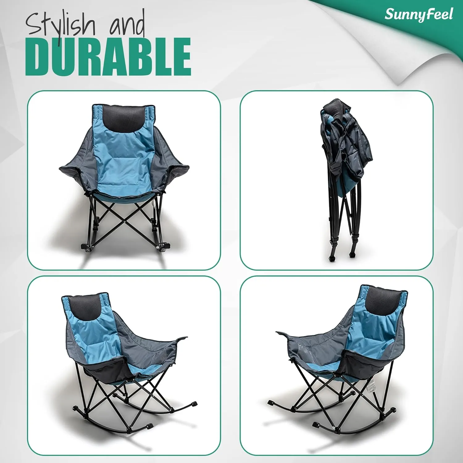 SUNNYFEEL Oversized Rocking Camping Chair, Fully Padded Patio Chair with Side Pocket, High Back Portable Lawn Recliner with Headrest, Outdoor Camp Rocker Chairs for Adults Heavy Duty 500 LBS