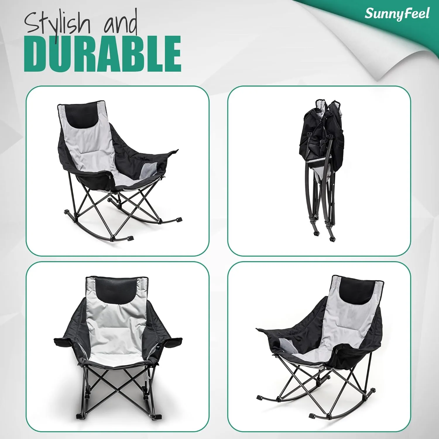 SUNNYFEEL Oversized Rocking Camping Chair, Fully Padded Patio Chair with Side Pocket, High Back Portable Lawn Recliner with Headrest, Outdoor Camp Rocker Chairs for Adults Heavy Duty 500 LBS