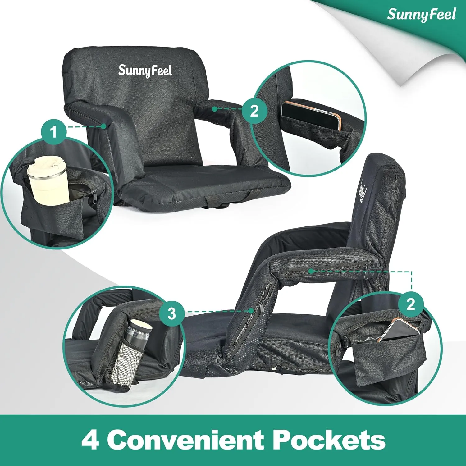 SUNNYFEEL Stadium Seats with Back Support Cushion Wide for Bleachers, Bleacher Chairs with Back and Cushion Padded Portable, Stadium Chairs with 5 Hidden Pockets (Black, Extra Wide 25.2'')
