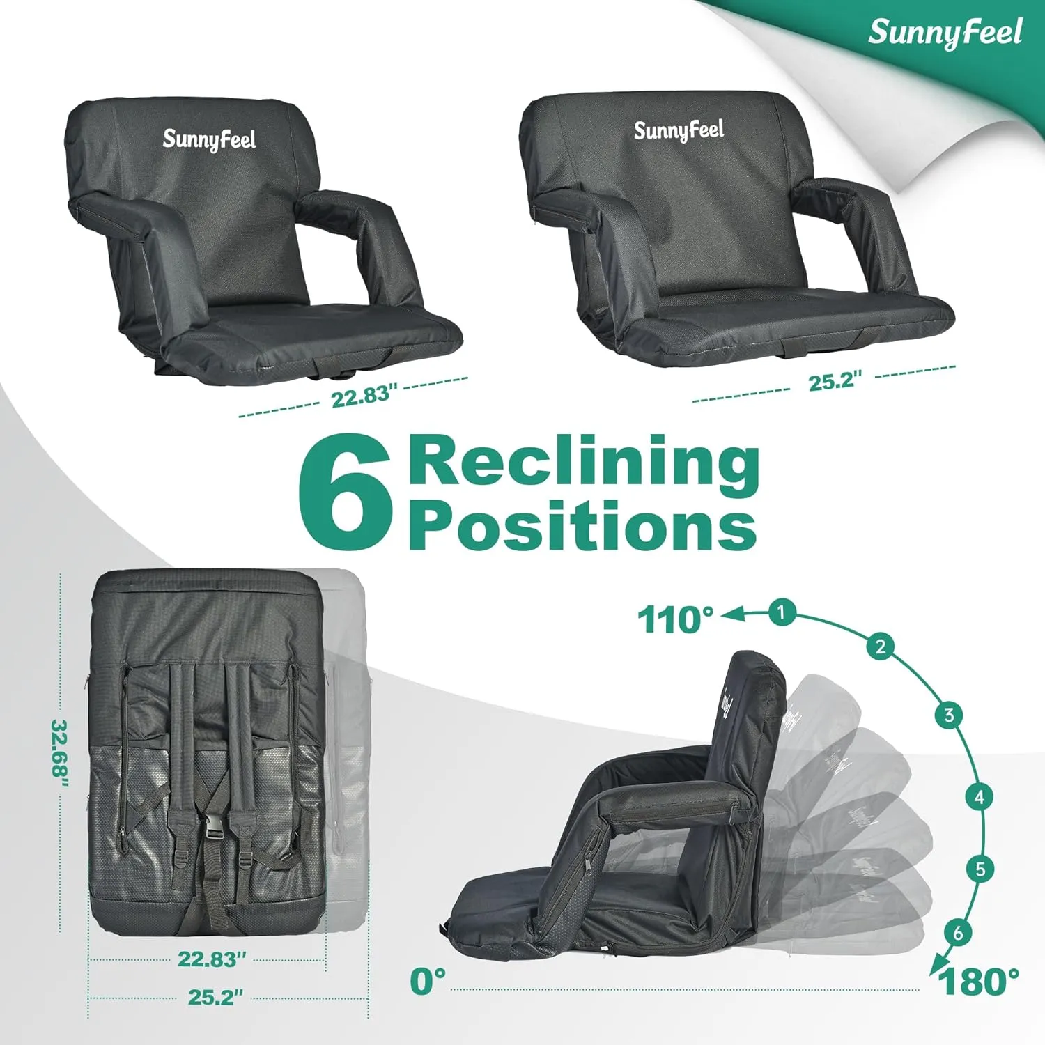 SUNNYFEEL Stadium Seats with Back Support Cushion Wide for Bleachers, Bleacher Chairs with Back and Cushion Padded Portable, Stadium Chairs with 5 Hidden Pockets (Black, Extra Wide 25.2'')