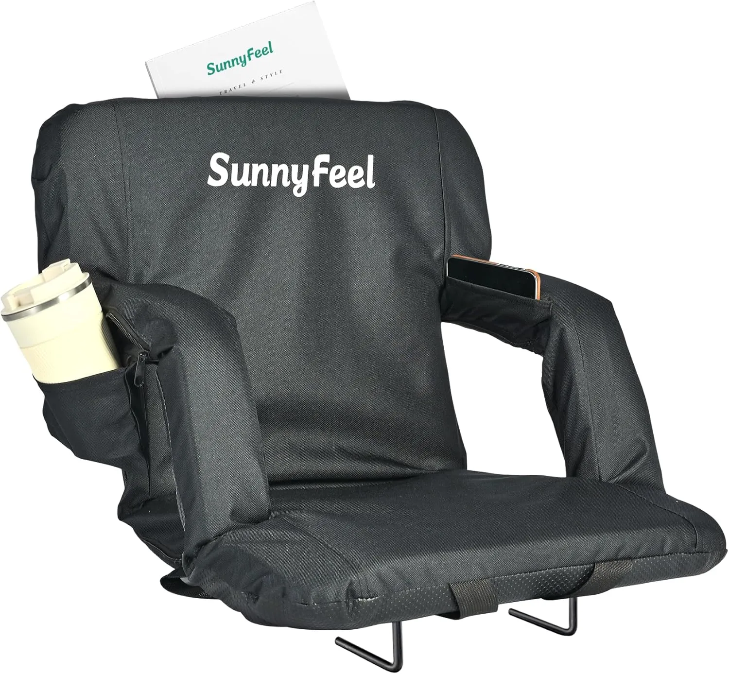 SUNNYFEEL Stadium Seats with Back Support Cushion Wide for Bleachers, Bleacher Chairs with Back and Cushion Padded Portable, Stadium Chairs with 5 Hidden Pockets (Black, Extra Wide 25.2'')