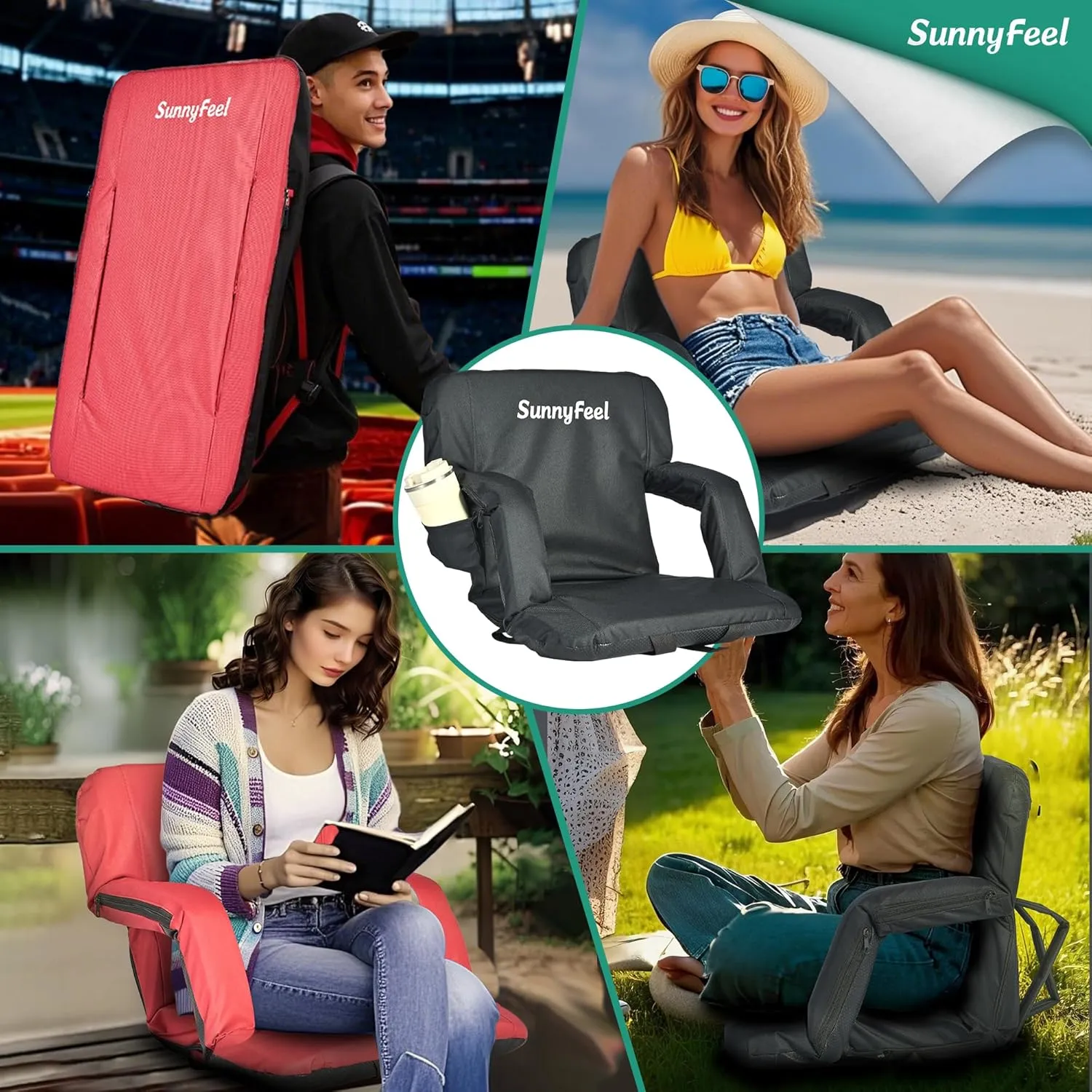 SUNNYFEEL Stadium Seats with Back Support Cushion Wide for Bleachers, Bleacher Chairs with Back and Cushion Padded Portable, Stadium Chairs with 5 Hidden Pockets (Black, Extra Wide 25.2'')