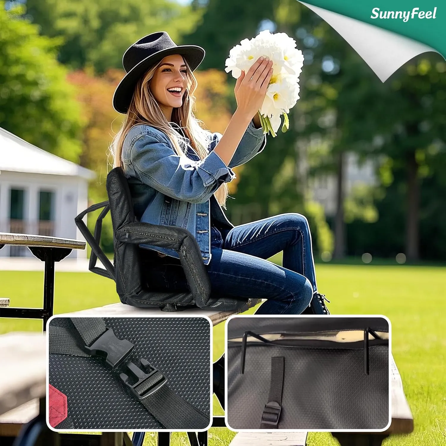SUNNYFEEL Stadium Seats with Back Support Cushion Wide for Bleachers, Bleacher Chairs with Back and Cushion Padded Portable, Stadium Chairs with 5 Hidden Pockets (Black, Extra Wide 25.2'')